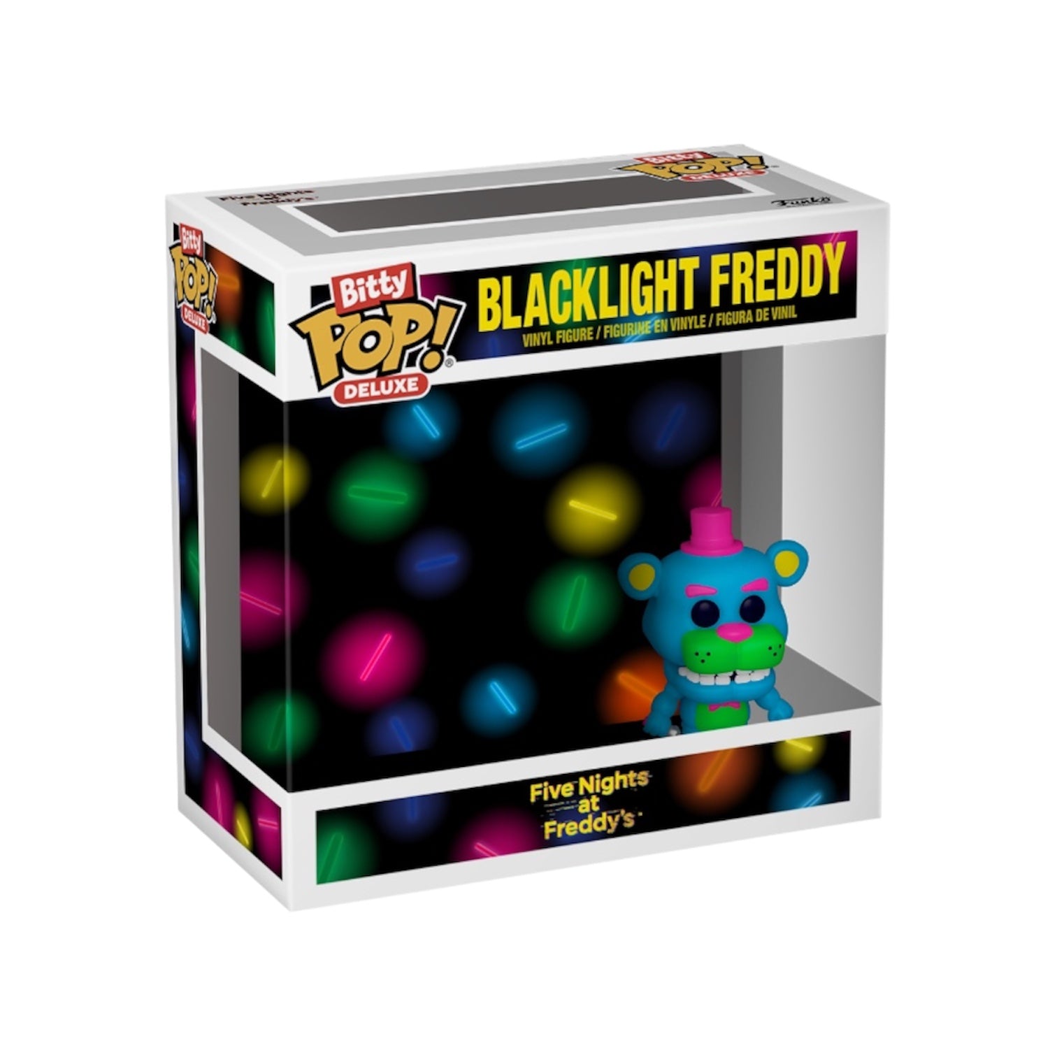Blacklight Freddy Bitty Pop Deluxe figure from Five Nights at Freddy's, featuring vibrant colors and a playful design.