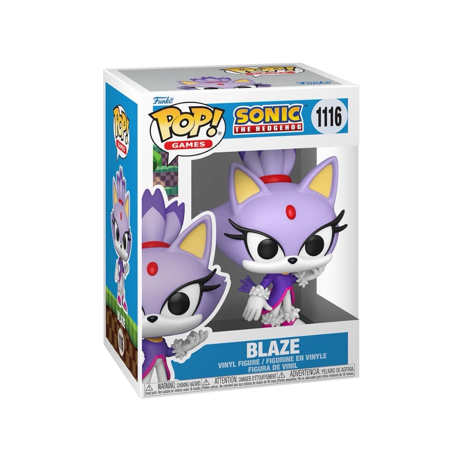 Funko Pop figure of Blaze #1116 from Sonic the Hedgehog, featuring her signature purple outfit and fiery design.