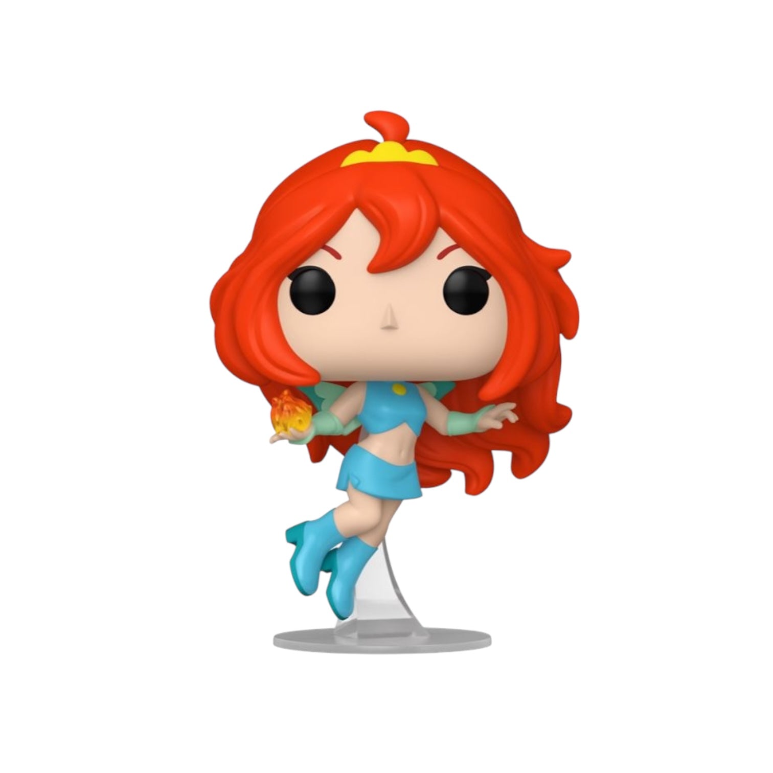 Bloom from winx club wearing a blue top skirt and boots with yellow hair piece