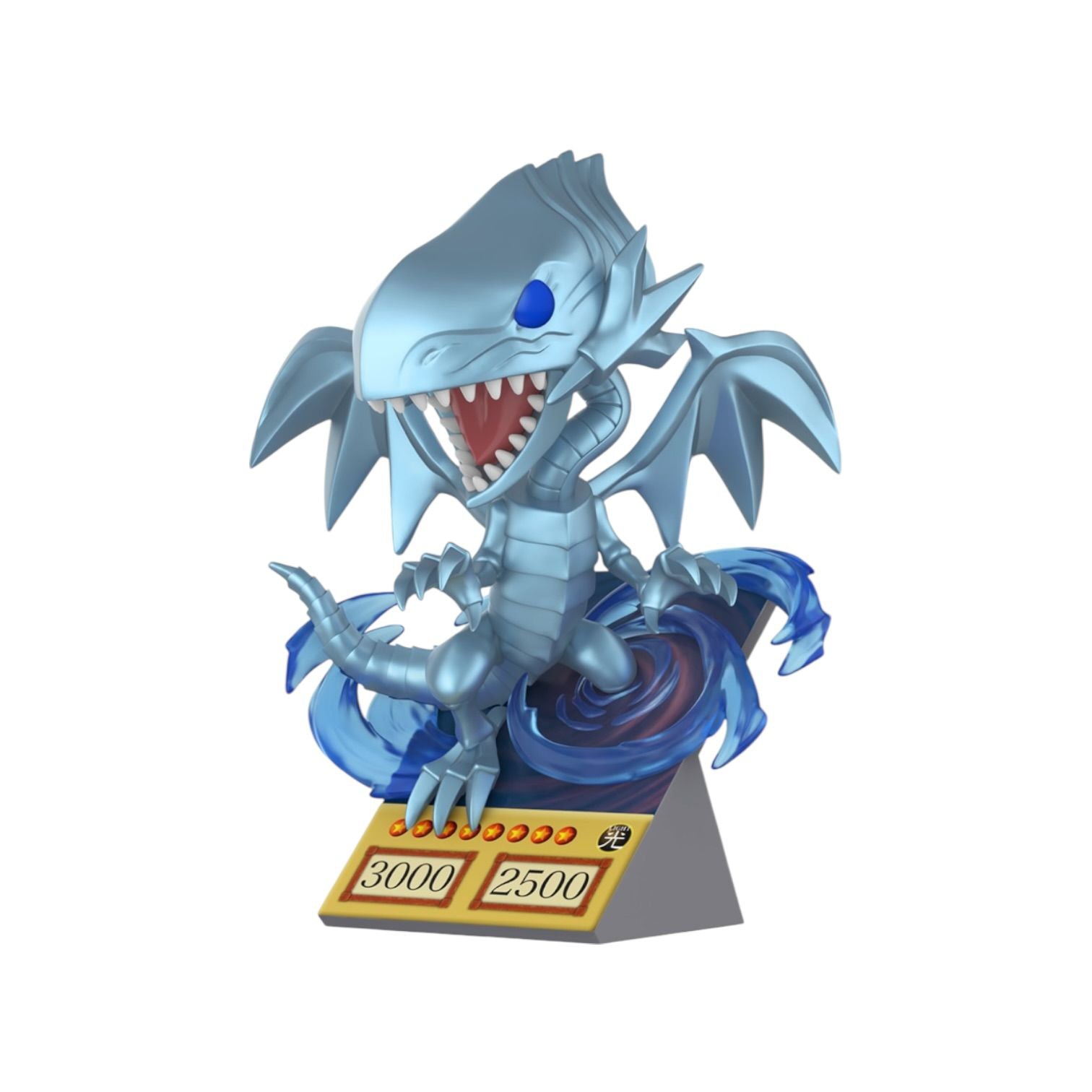 Blue dragon figurine with a card displaying attack points on a white background