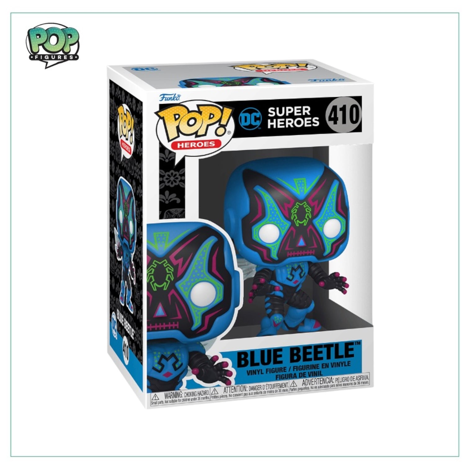 Funko Pop! figure of Blue Beetle from DC Super Heroes, featuring a blue and black costume with a detailed design.