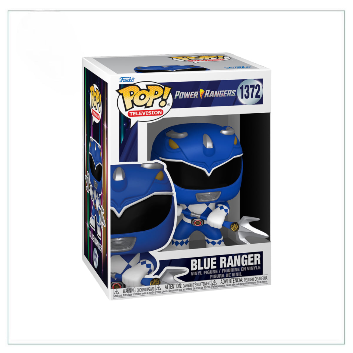 Blue Ranger #1372 Funko Pop! from Power Rangers, showcasing the character in a dynamic pose with bright blue details.
