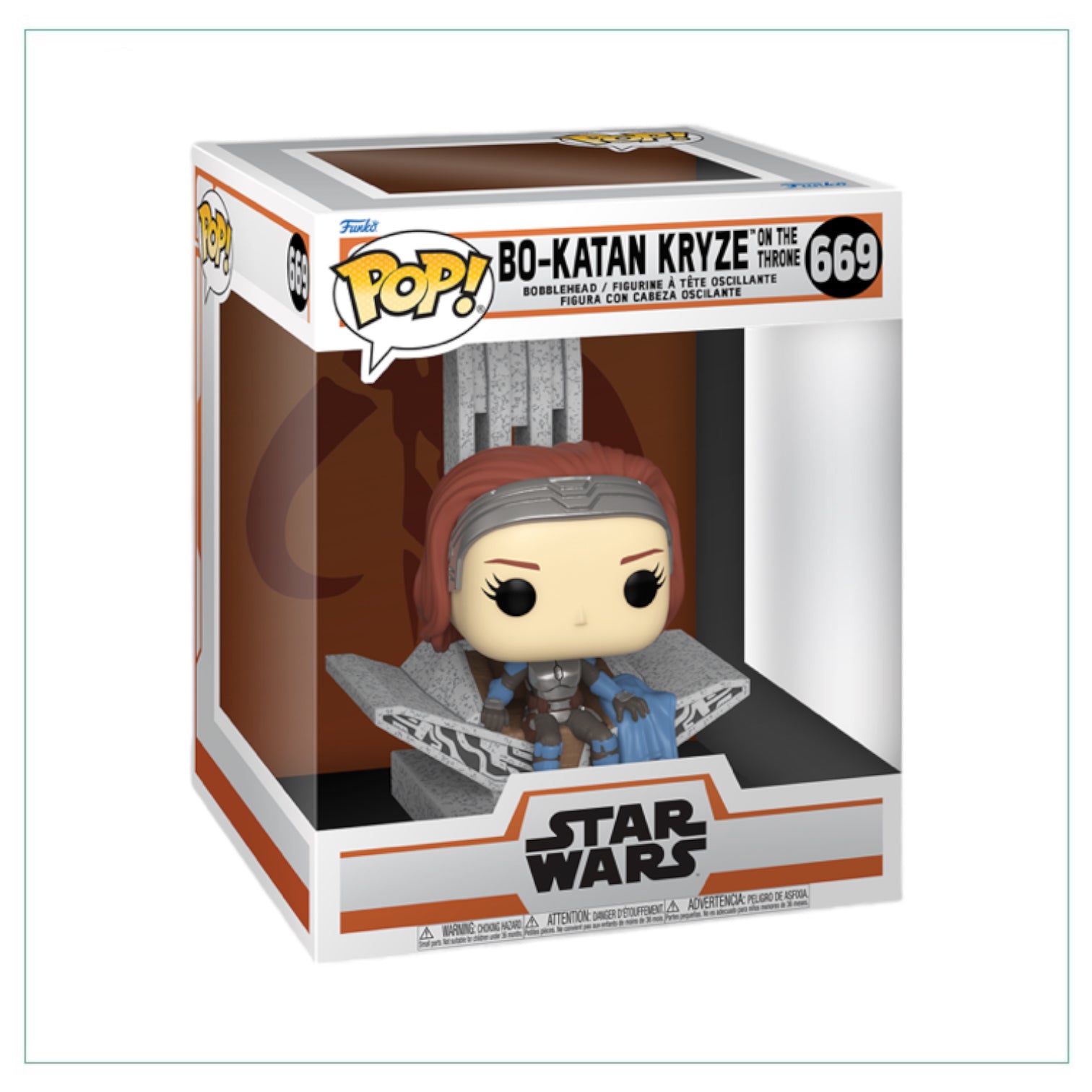 Bo-Katan Kryze sits confidently on the throne in this Funko Pop! Deluxe figure from The Mandalorian series.