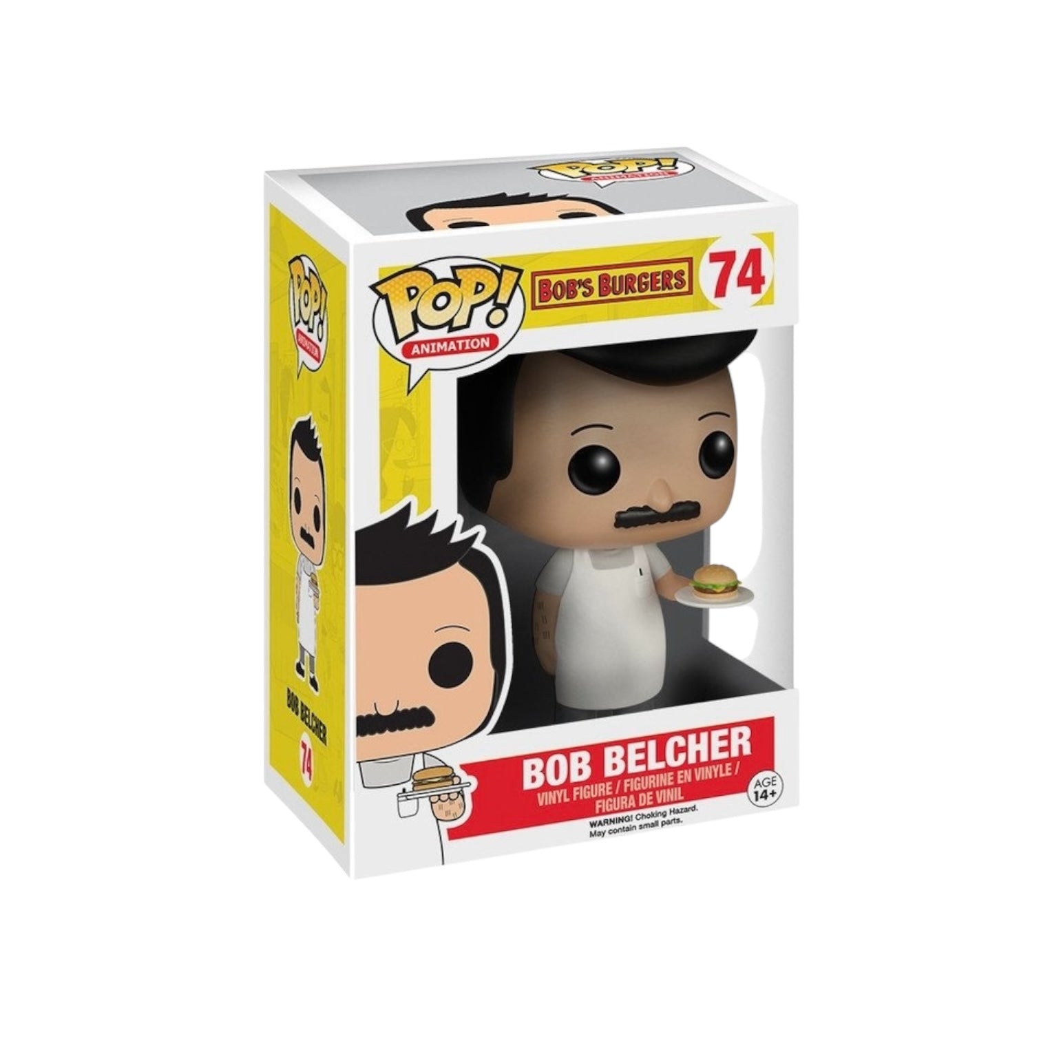 Bob Belcher Funko Pop! Bobs Burgers holding a hamburger on a plate.