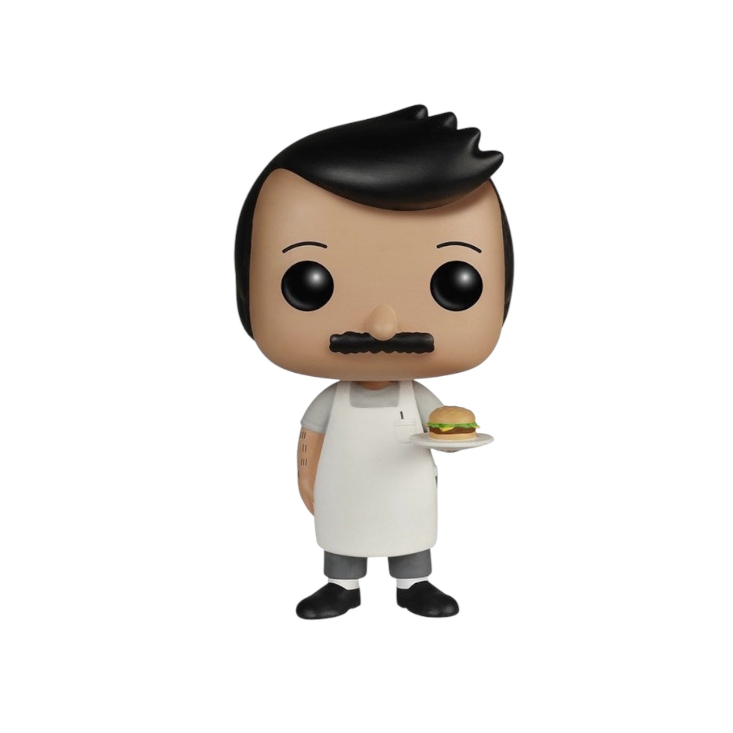Bob Belcher Funko Pop! Bobs Burgers holding a hamburger on a plate.