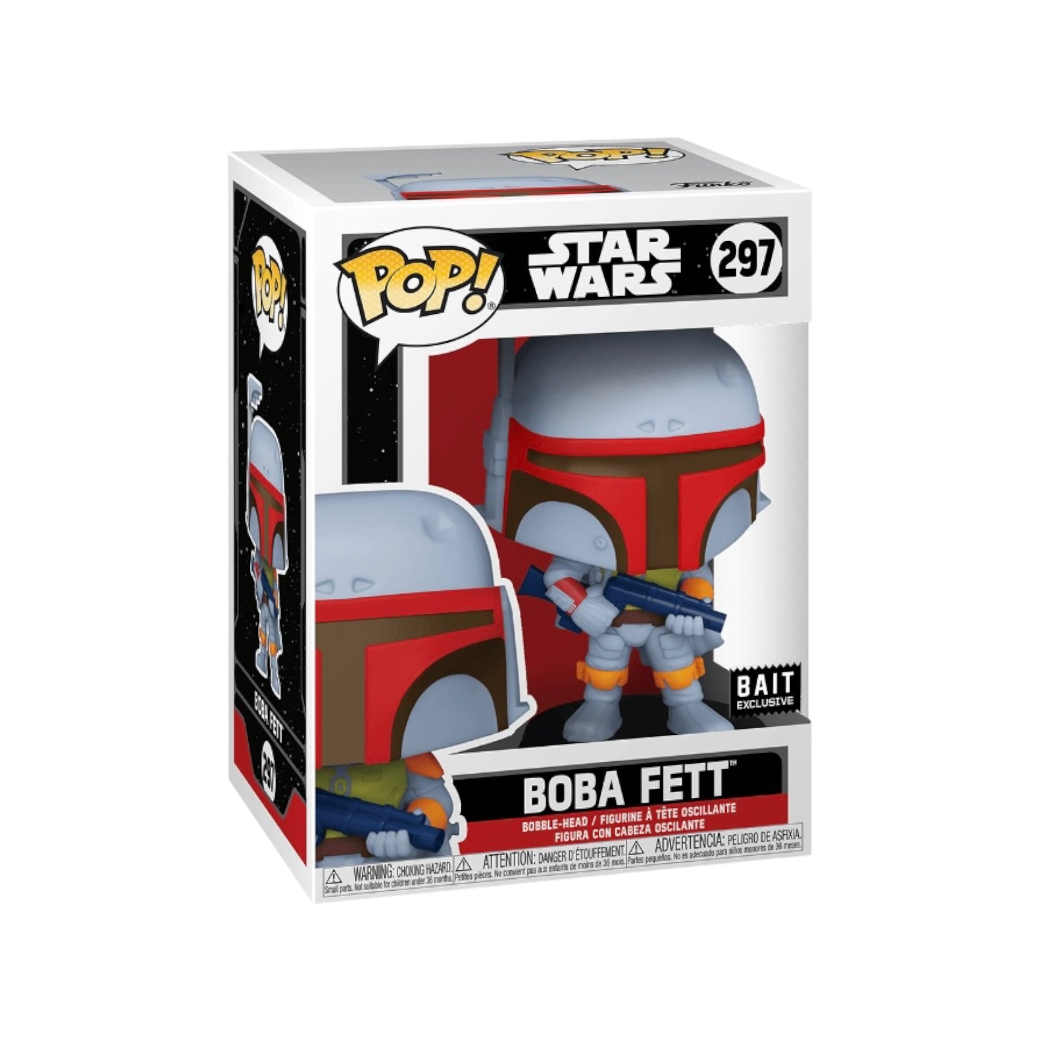Retro Boba Fett #297 Funko Pop! figure, a Bait exclusive from Star Wars, showcasing the iconic bounty hunter in vibrant colors.