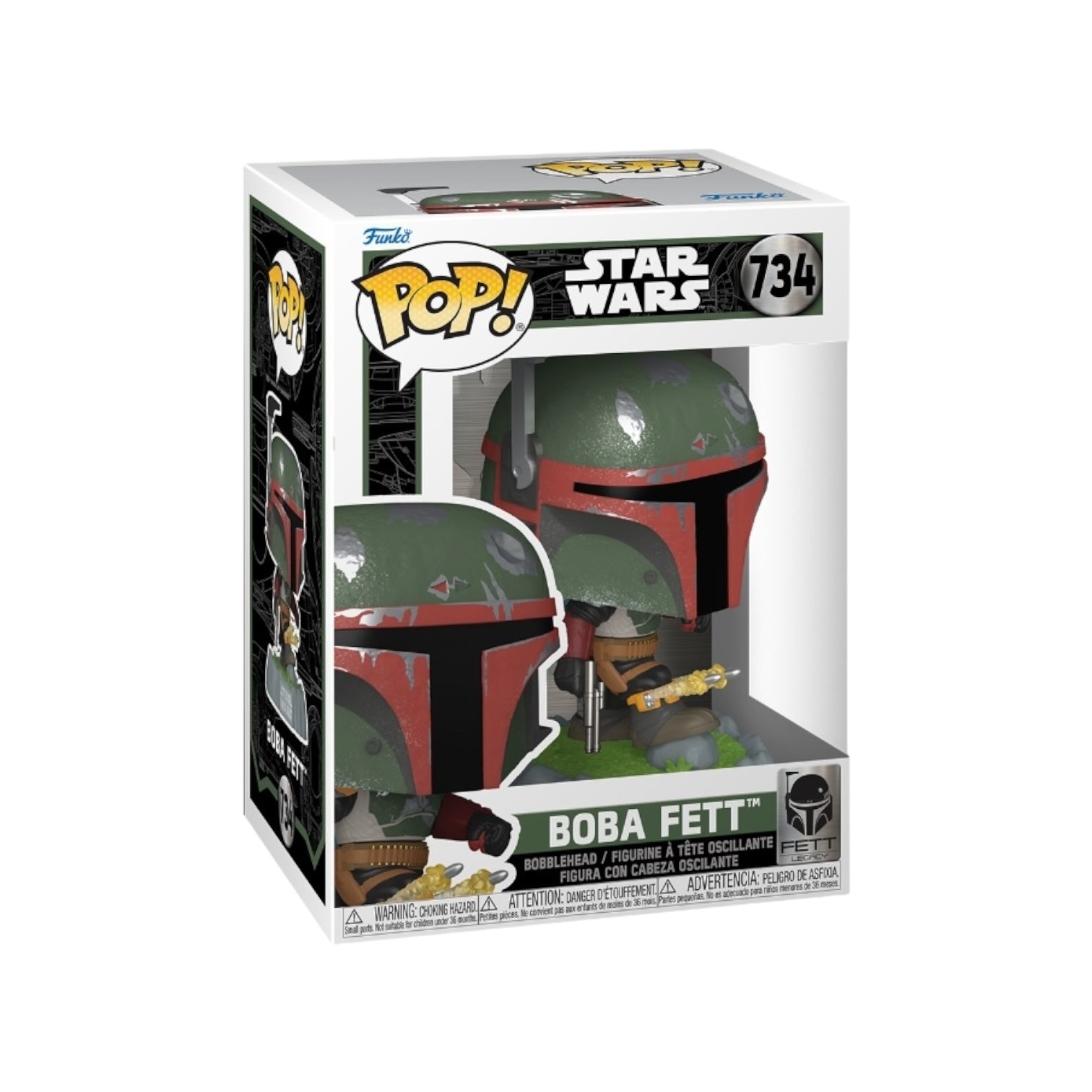 Funko Pop #734 of Boba Fett, showcasing the legendary bounty hunter equipped with rockets from the Star Wars Fett Legacy series.