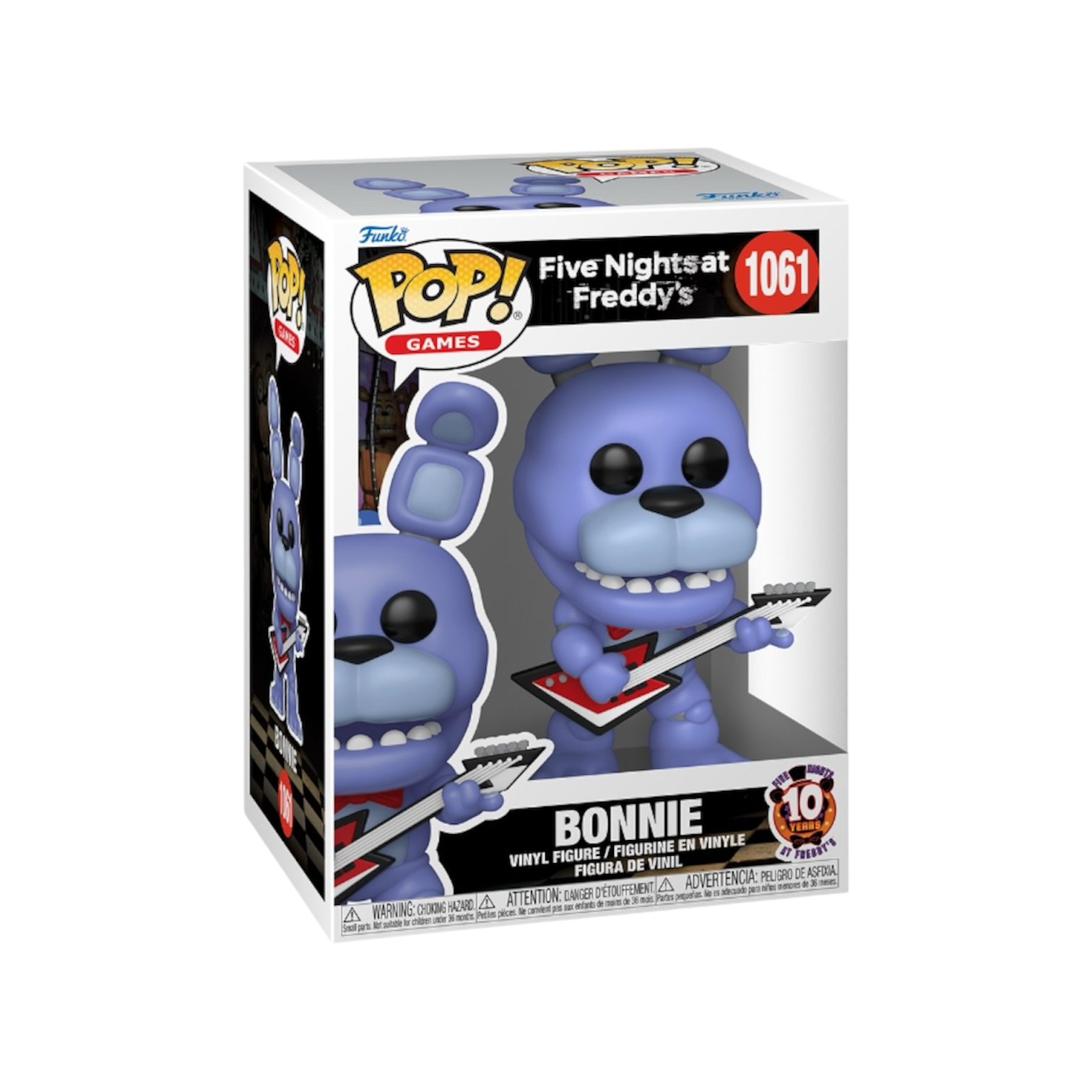 Funko Pop figure of Bonnie from Five Nights at Freddy's, celebrating the game's 10th anniversary with a fun design.
