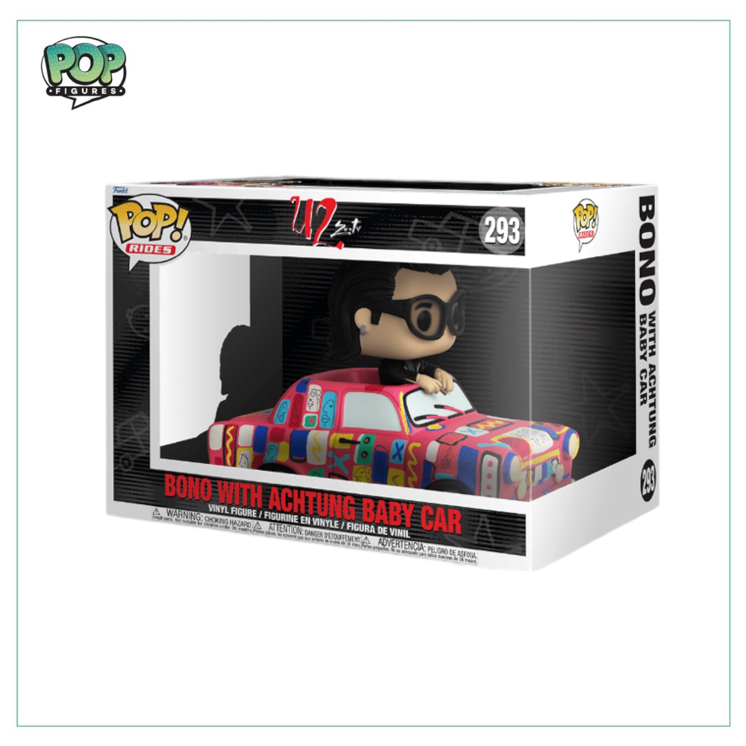 Bono in a colorful Achtung Baby car, featured in the Deluxe Funko Pop! Rides collection, celebrating U2's Zoo TV era.