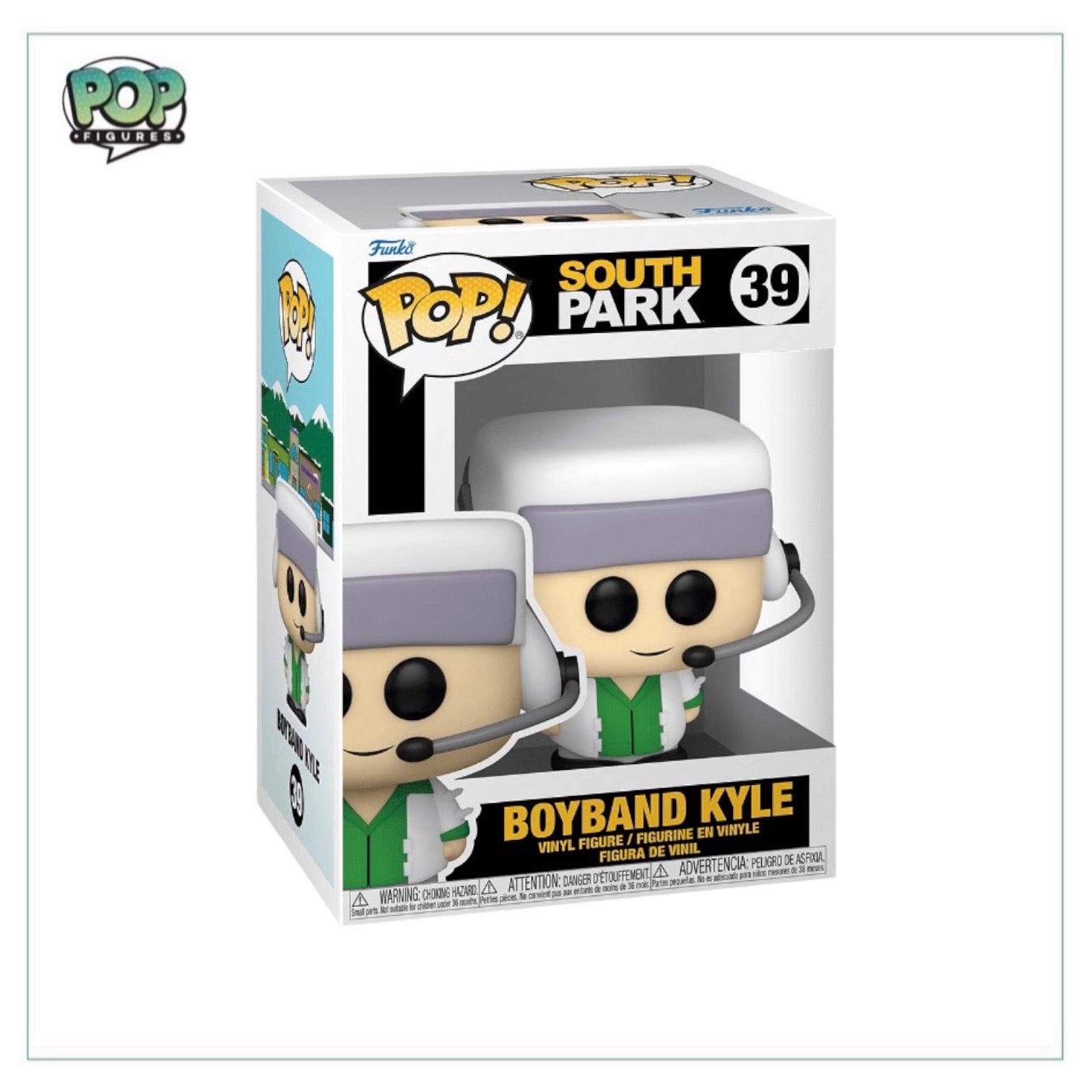 Funko Pop! of Kyle from South Park, dressed as a member of a boyband, showcasing his signature green hat and outfit.