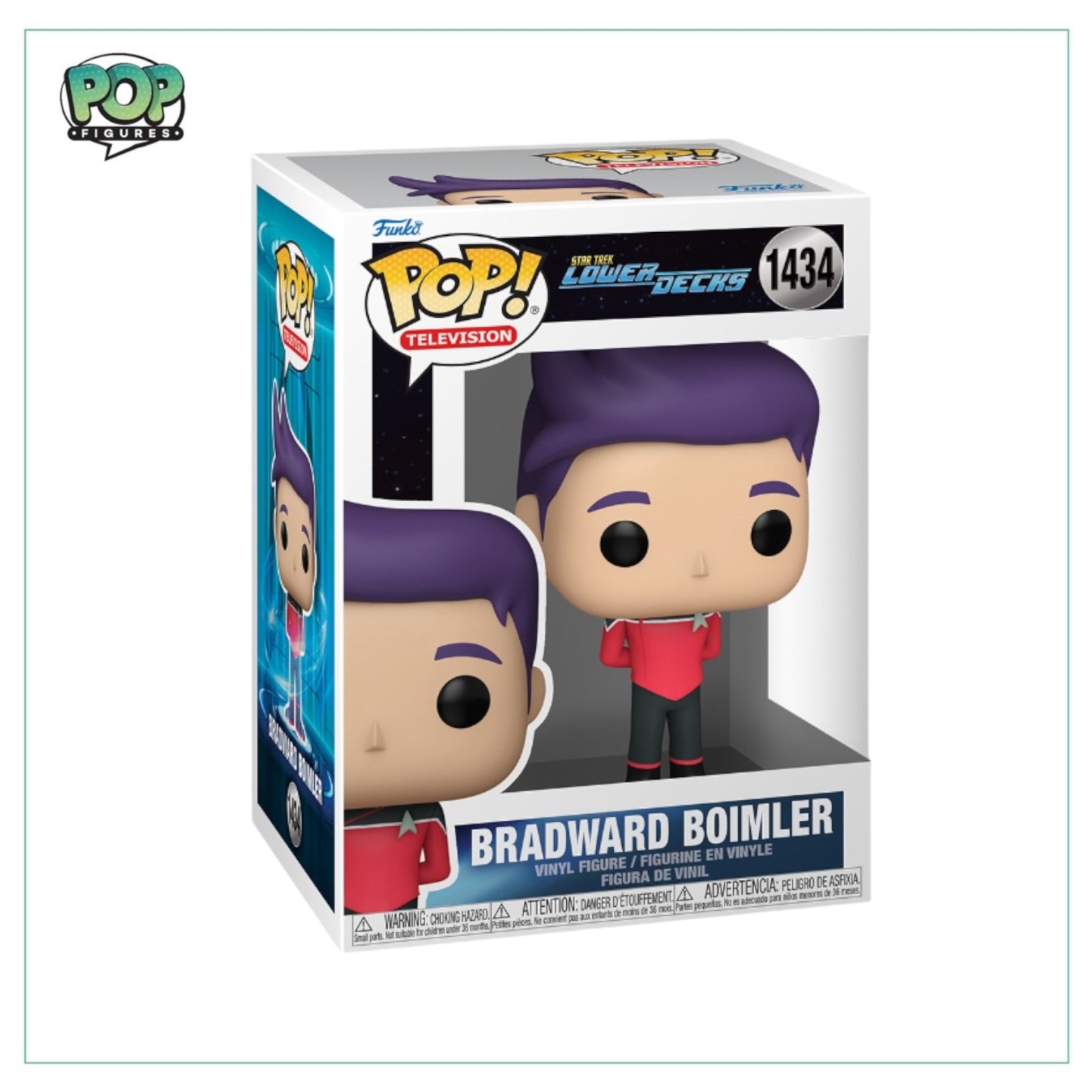 Bradward Boimler #1434 Funko Pop! from Star Trek: Lower Decks, featuring the character in his iconic Starfleet attire.