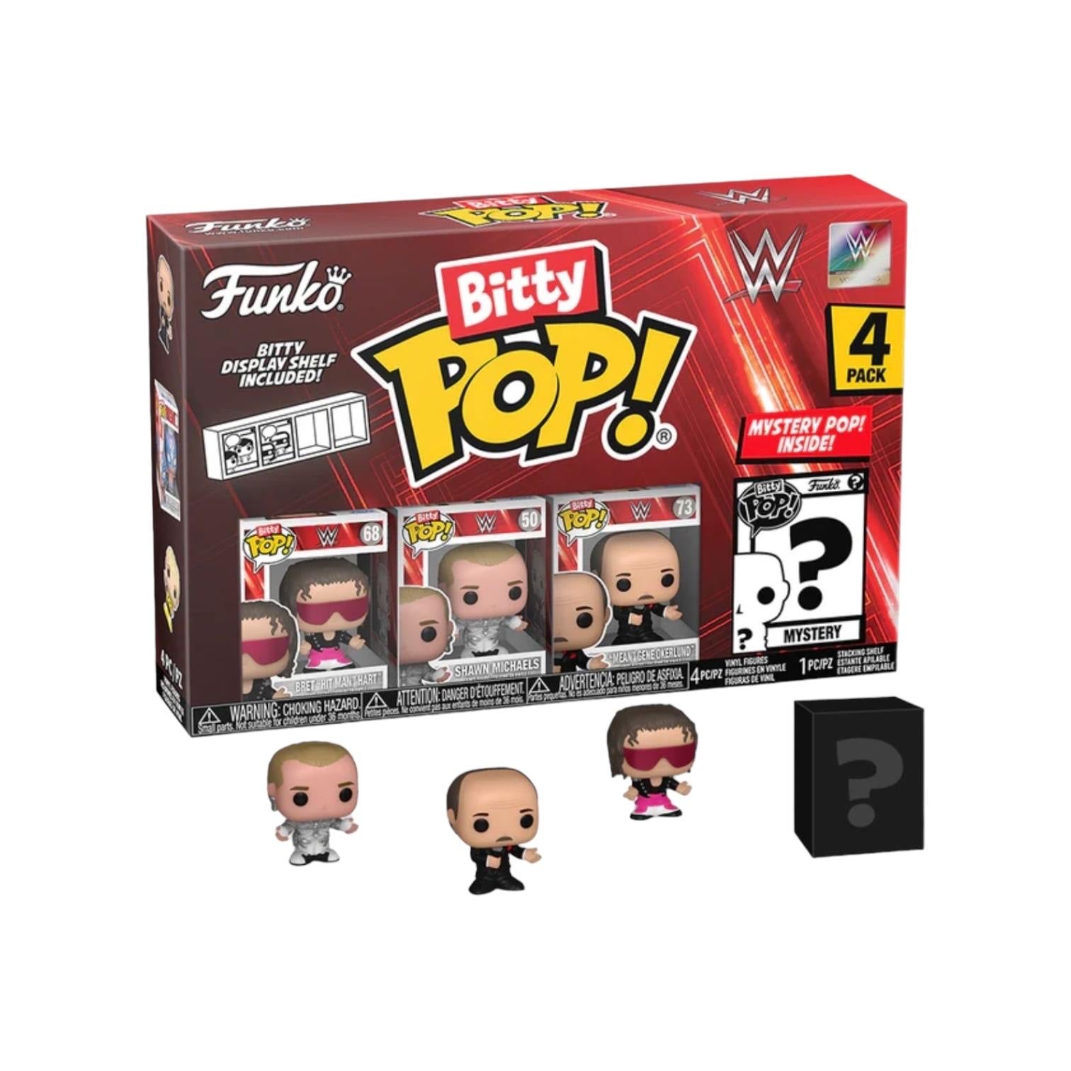 Bret "Hit Man" Hart 4 Pack Bitty Funko POP! figures featuring WWE characters, including a chance for a rare chase variant.