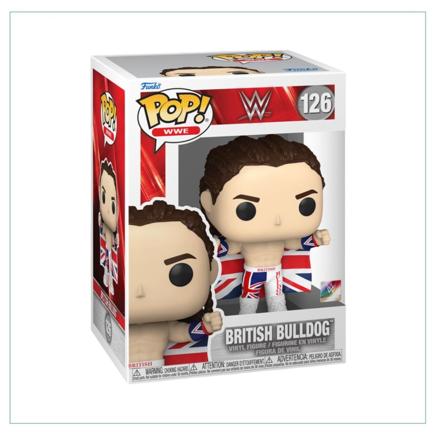 Funko Pop! WWE British Bulldog #126, a collectible figure of a strong bulldog in wrestling attire, ready for action.