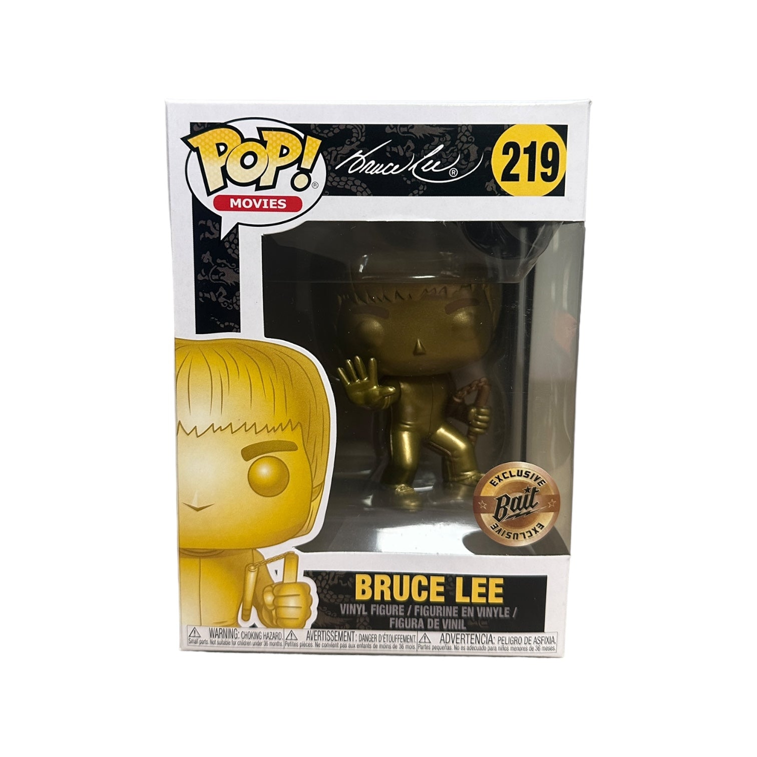 Bruce Lee #219 (Gold) Funko Pop! from Game of Death, Bait Exclusive, rated 8.5/10, celebrating the legendary martial artist.