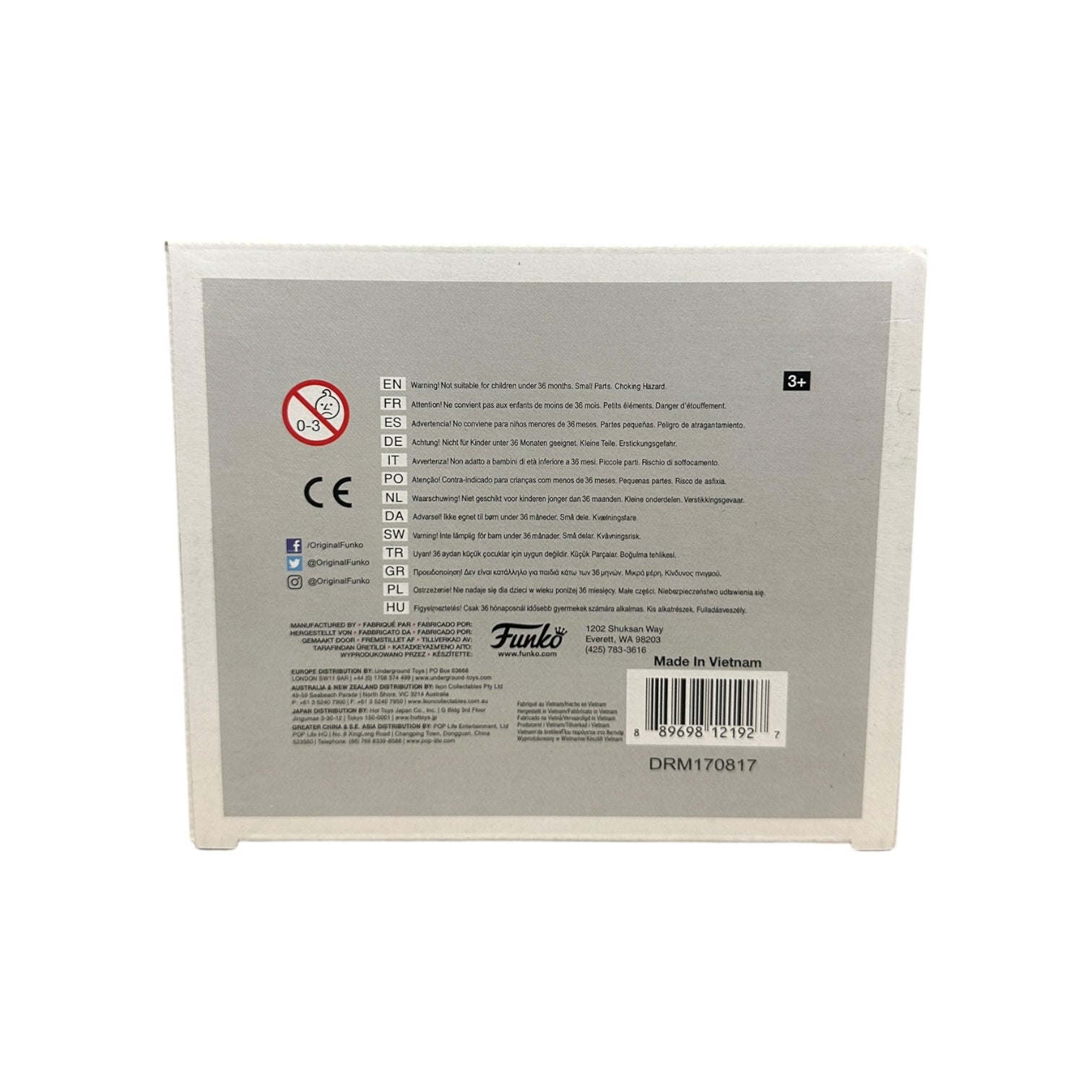 Back of a Funko product packaging with labels and text on a white background