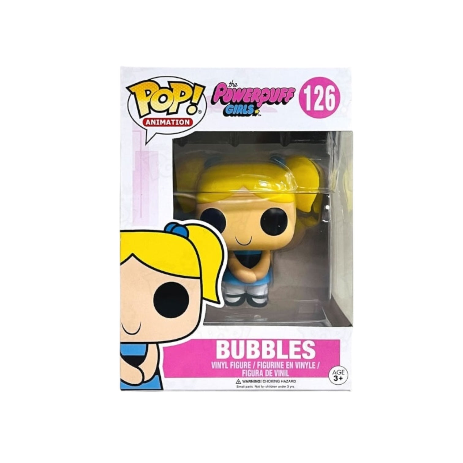 Blonde girl in pigtails in a blue dress with a black band around white tights and black shoes.