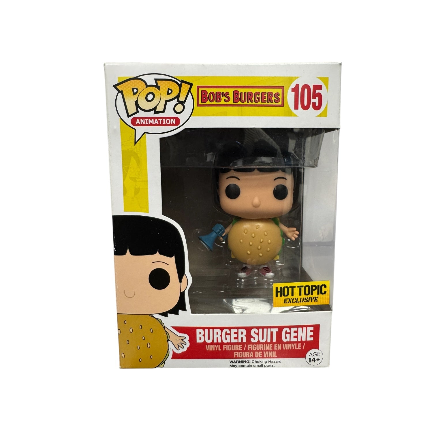 Gene Belcher from Bobs burgers wearing a hamburger costume holding a blue megaphone. Box damage.
