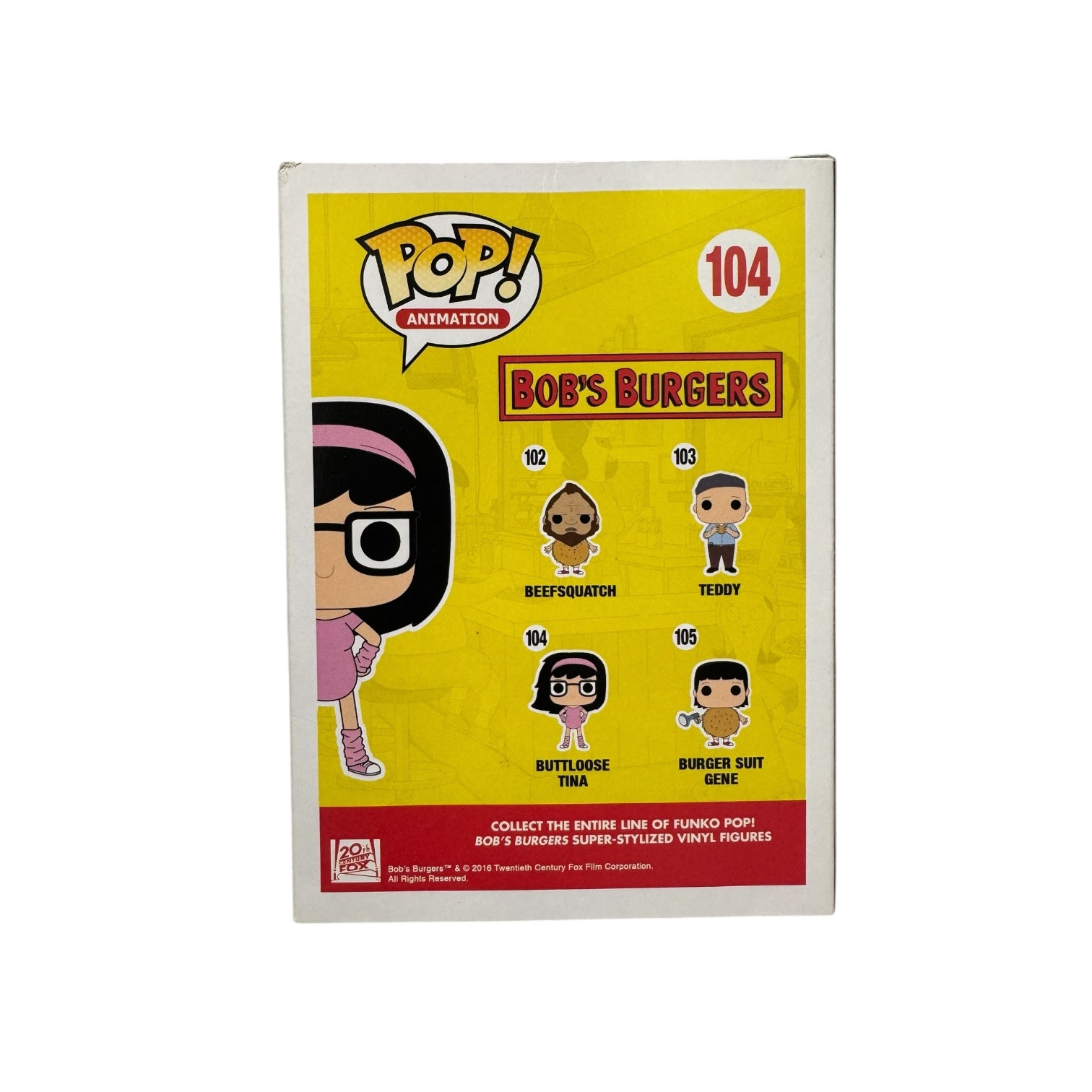 Tina Belcher dressed in pink work out attire and a pink sweatband. Black framed glasses with hands on her hips. Back of the box.