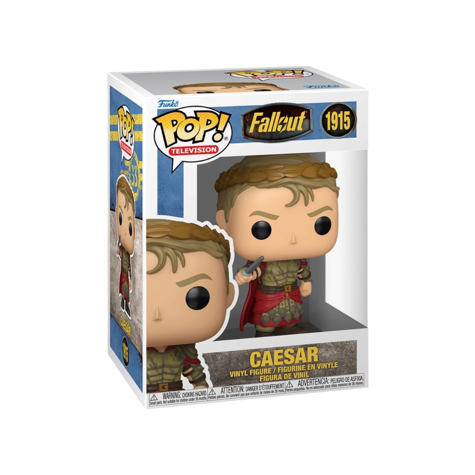 Funko Pop! Television Caesars from the movie Fallout, numbered 1915. The collectible vinyl figure is shown inside its original white window box packaging, featuring character artwork and branding.