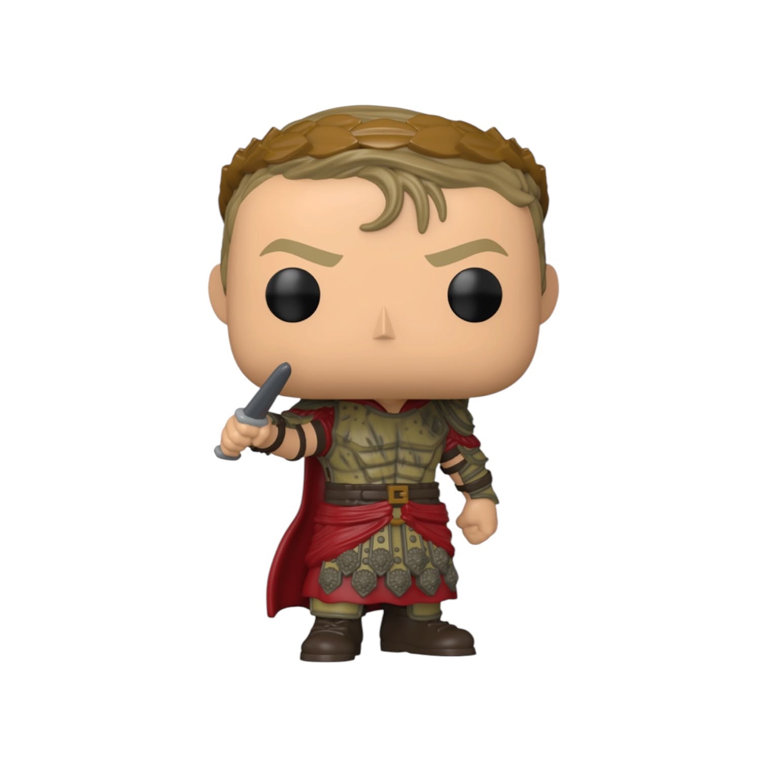 A stylized vinyl figure of a warrior character with brown hair, large black eyes, a tan and green armored chest, a red cape, and brown boots, holding a small dagger against a plain white background.