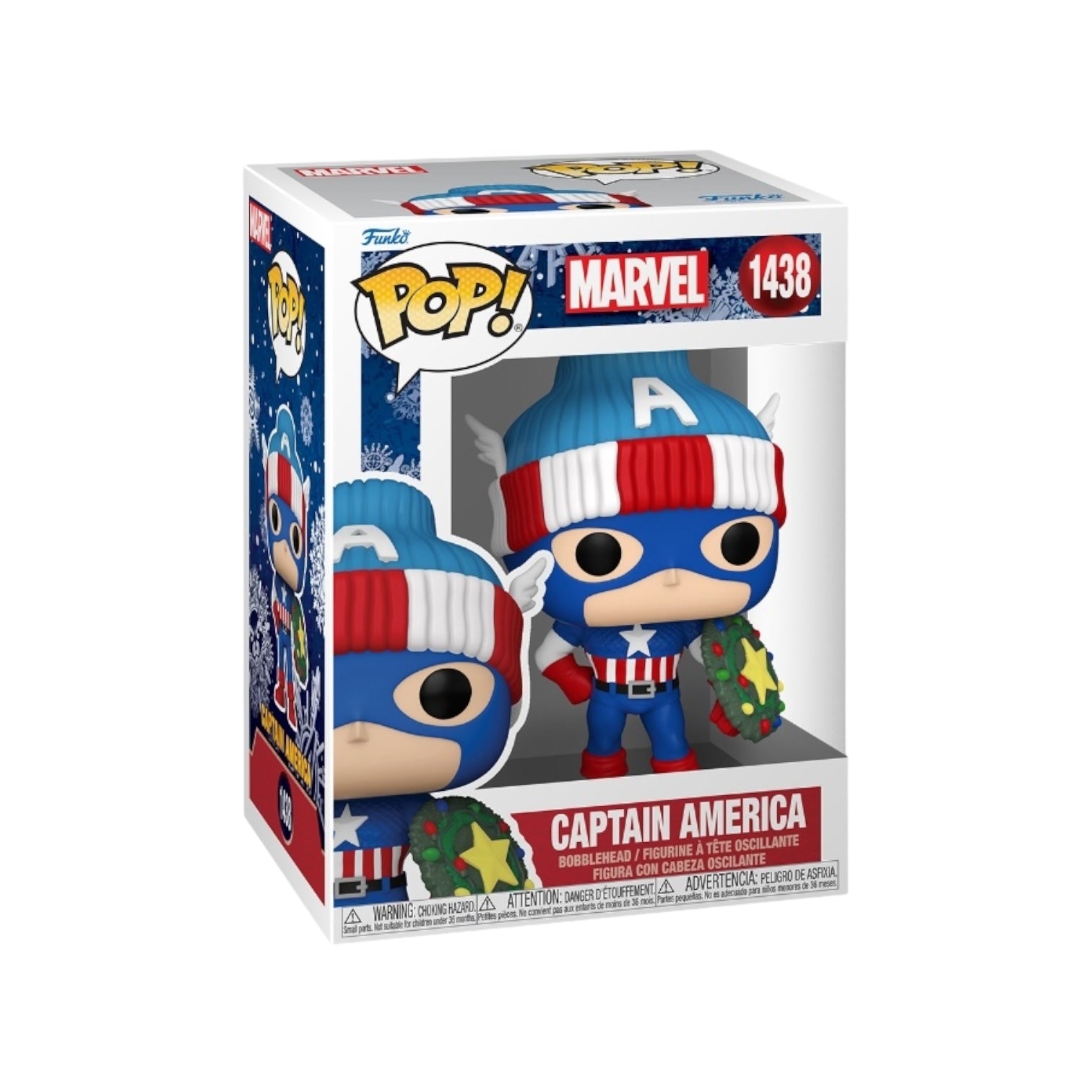 Captain America Funko Pop figure #1438, dressed in a holiday costume, featuring a shield, representing Marvel's festive spirit.
