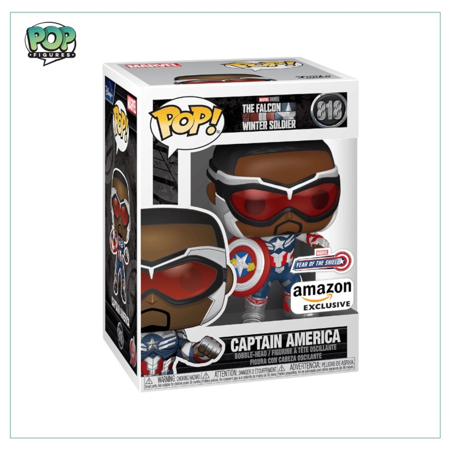 Amazon Exclusive Funko Pop! of Captain America, #818, inspired by The Falcon and the Winter Soldier series.
