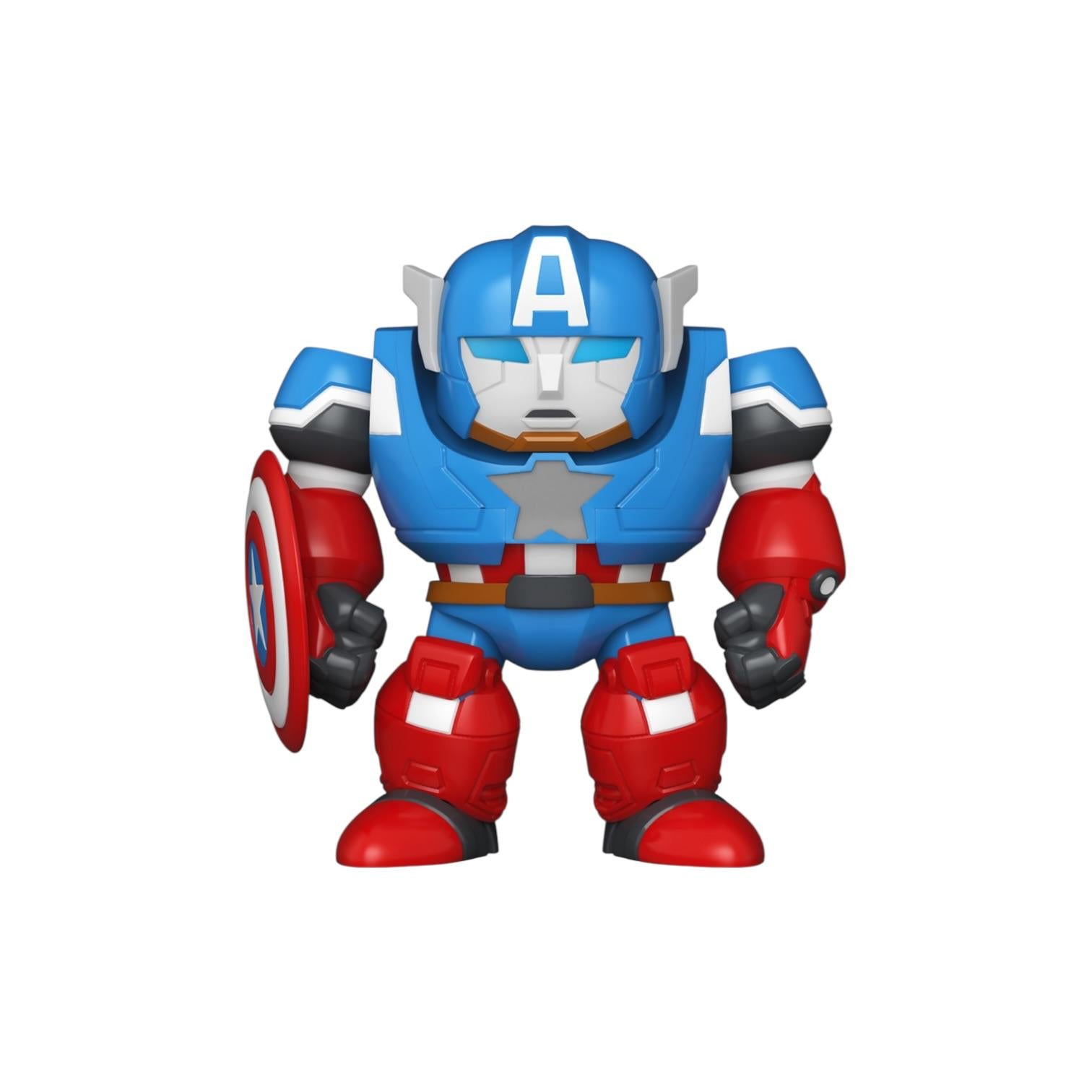 Toy figure of a superhero in blue, red, and white with a shield on a white background