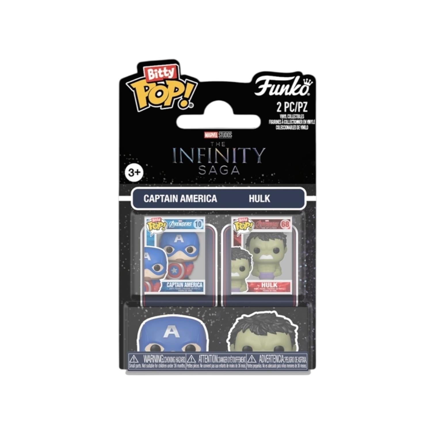 Captain America and Hulk Bitty pop in packaging on a white background