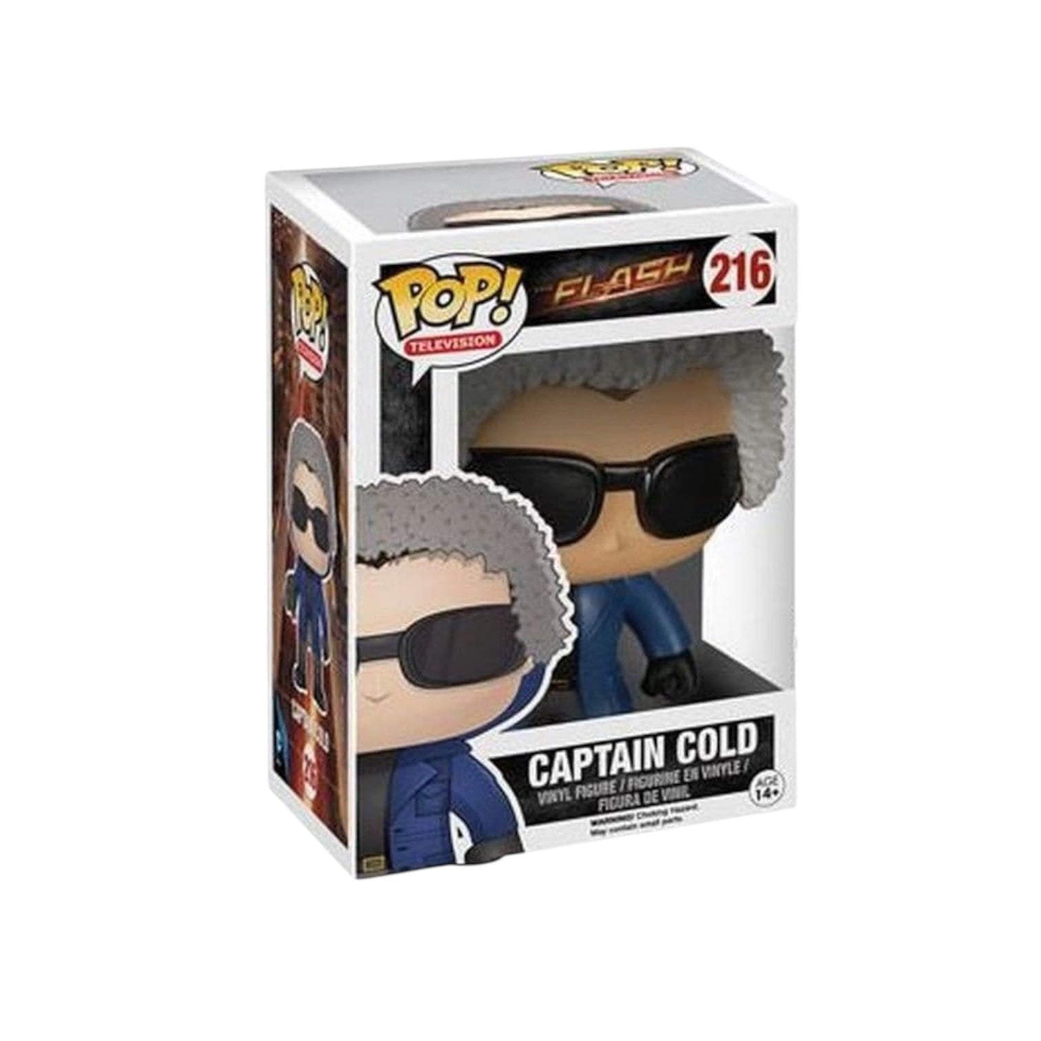 Captain cold wearing a blue coat with a fluffy hood, black sunglasses and black gloves.