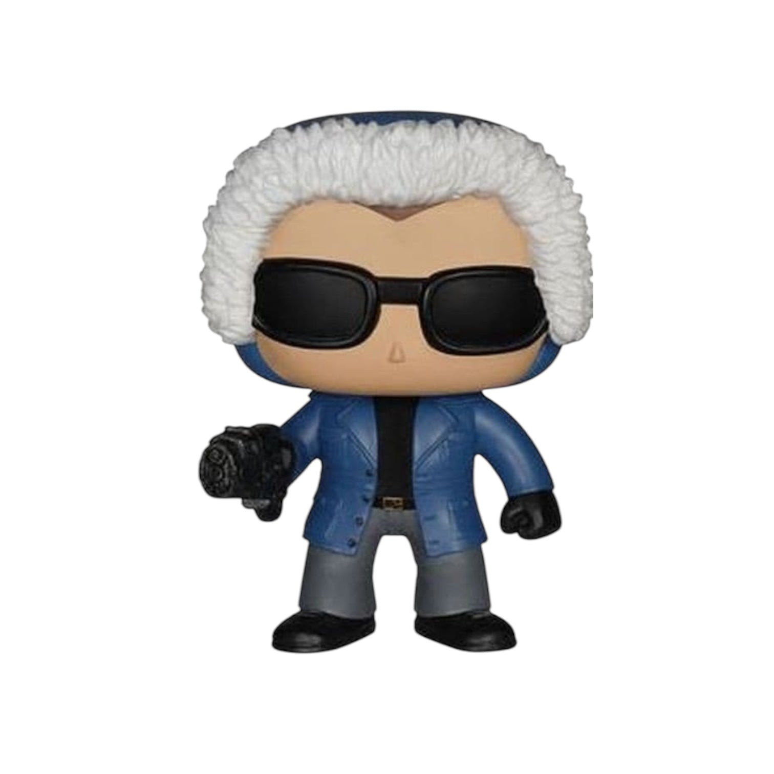 Captain cold wearing a blue coat with a fluffy hood, black sunglasses and black gloves.