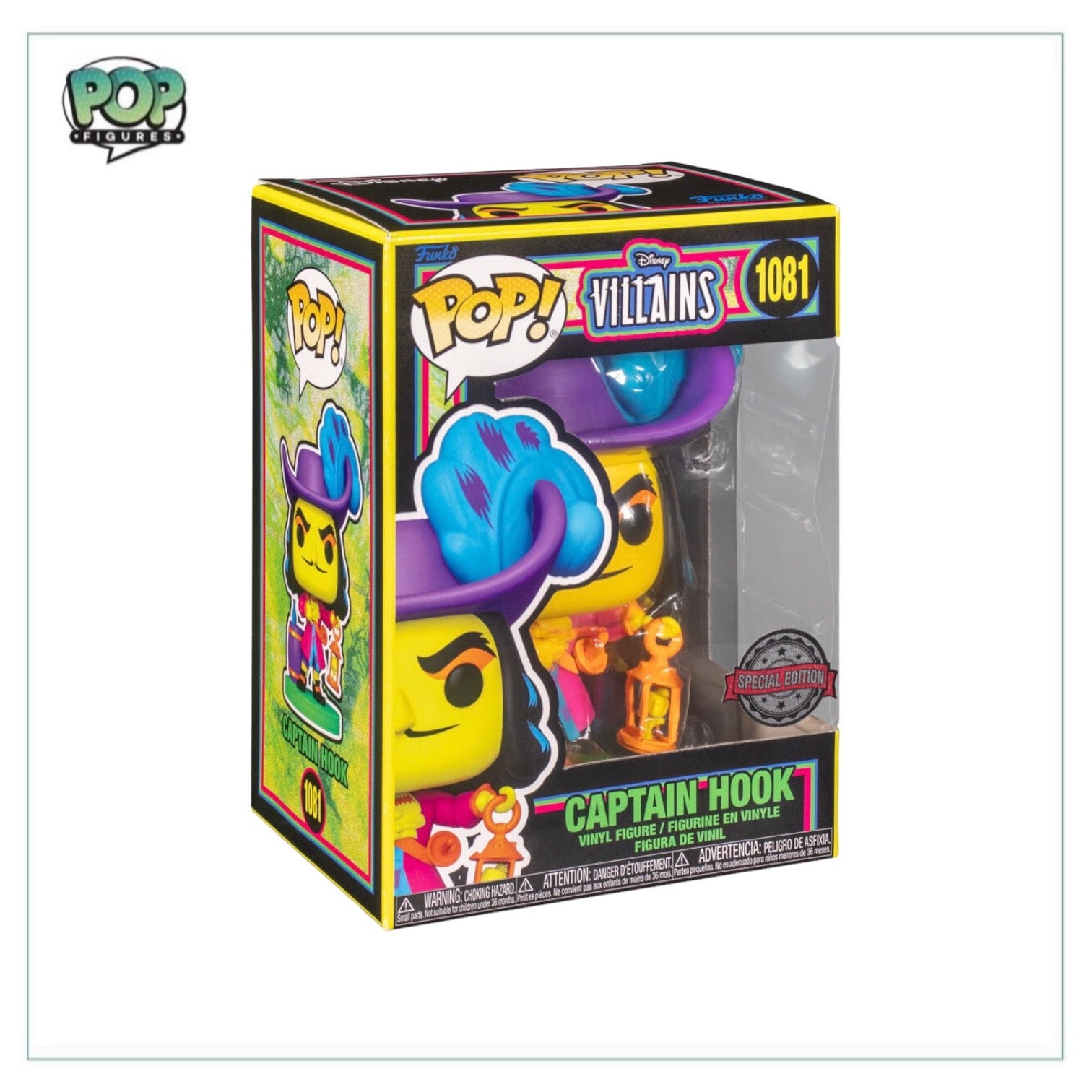 Captain Hook #1081 Funko Pop! figure in black light style, featuring vibrant colors and a menacing expression.