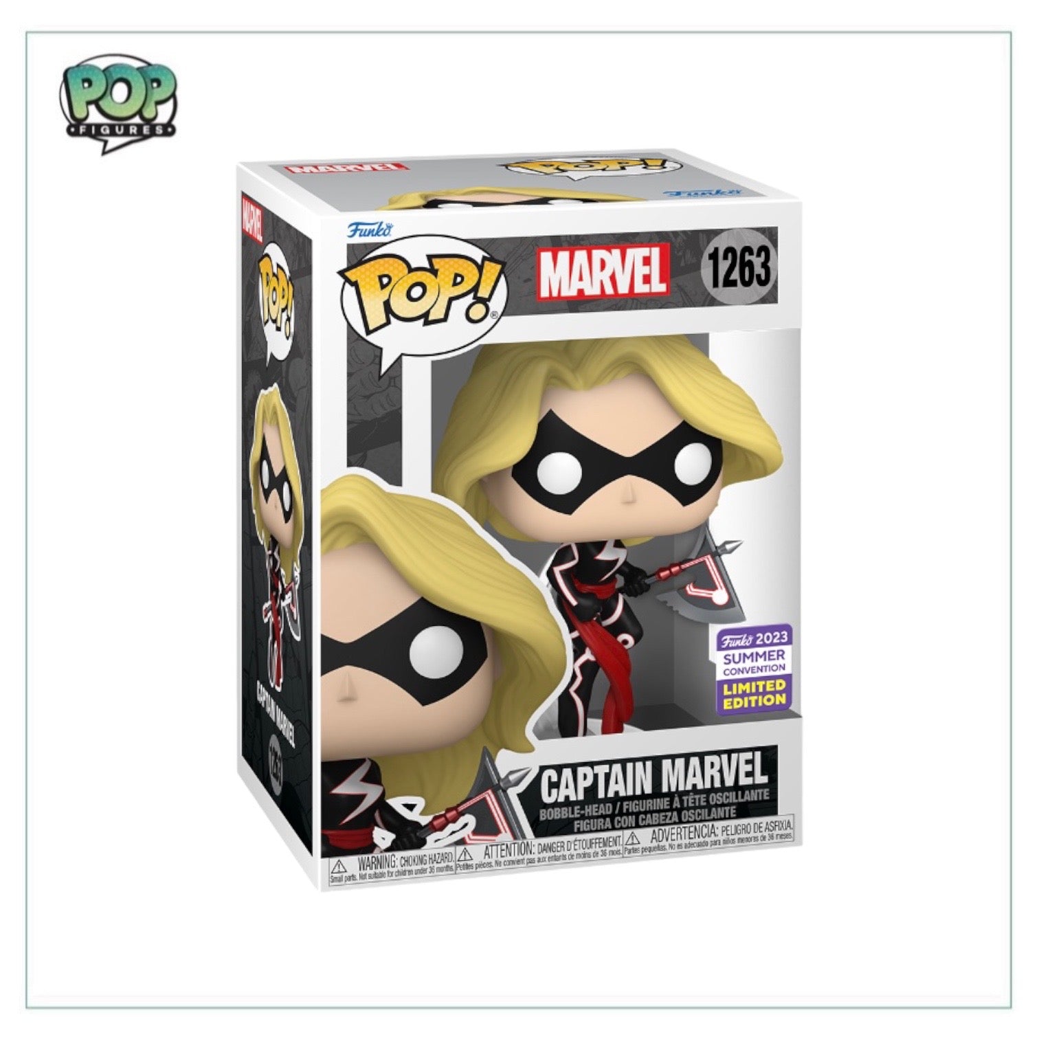 Captain Marvel #1263 Funko Pop! figure, a SDCC 2023 shared exclusive, featuring the superhero in her iconic costume.