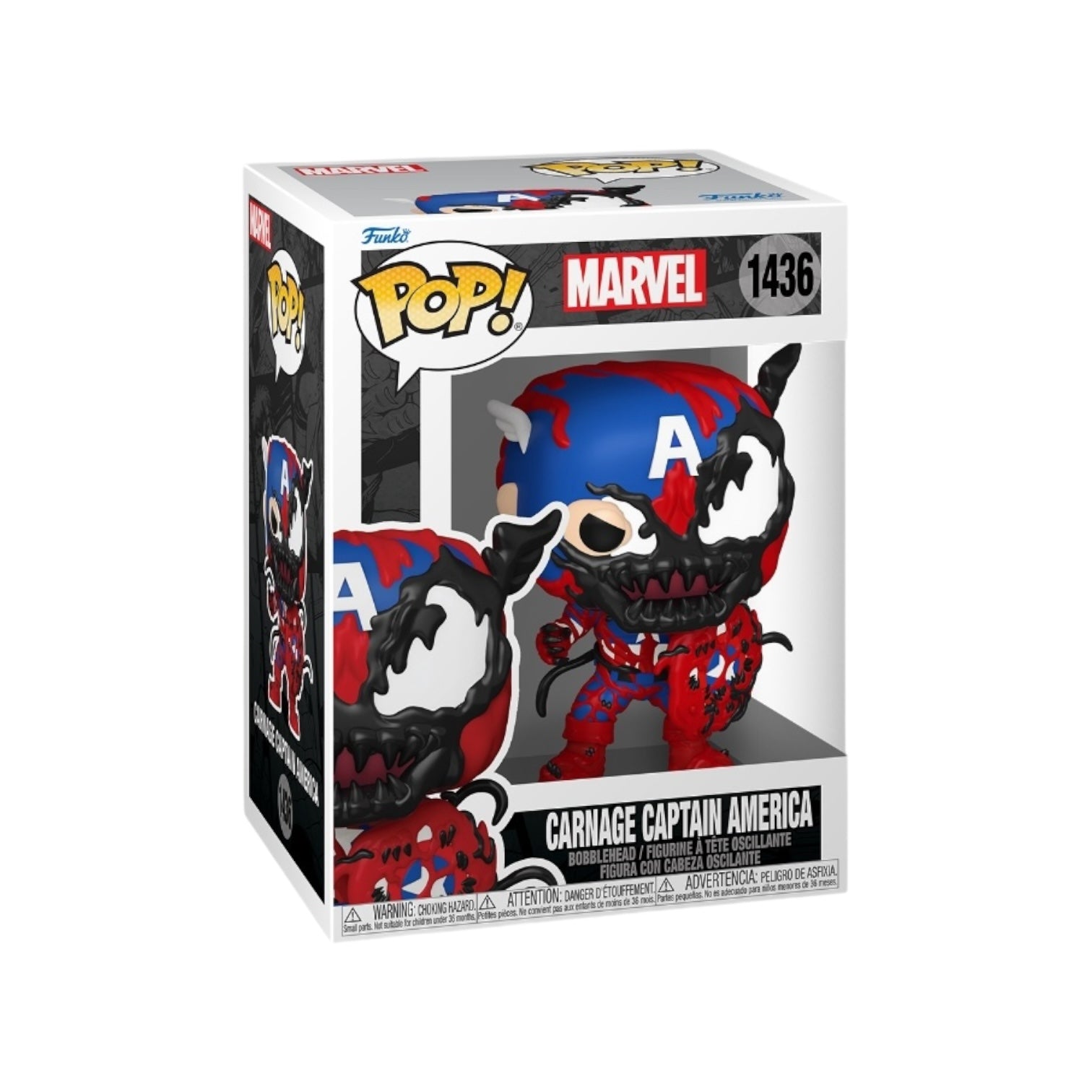 Funko Pop! figure of Carnage Captain America #1436, featuring a stylized design of the Marvel character in vibrant colors.