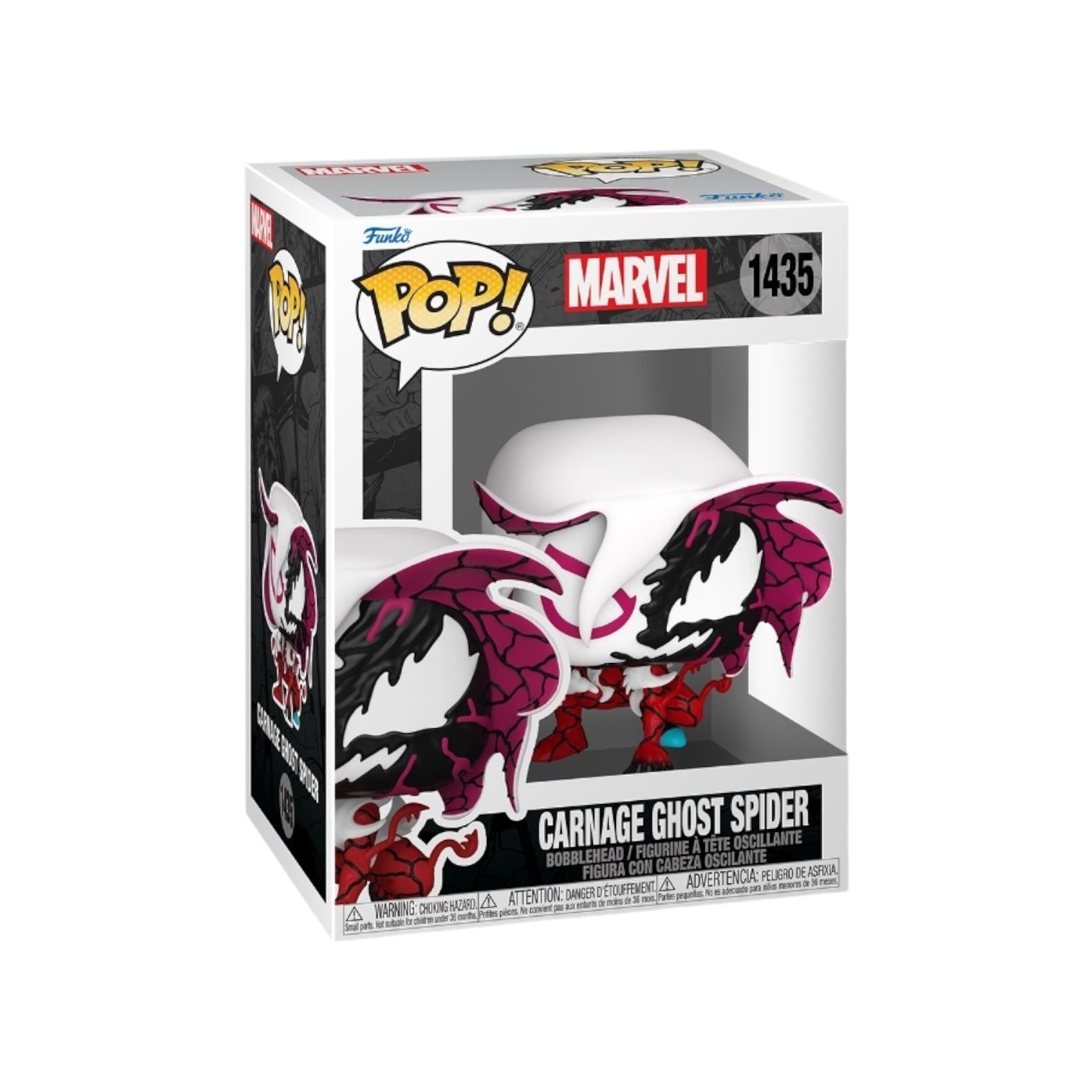 Marvel's Carnage Ghost Spider #1435 Funko Pop! figure, showcasing a dynamic pose and vivid design elements.