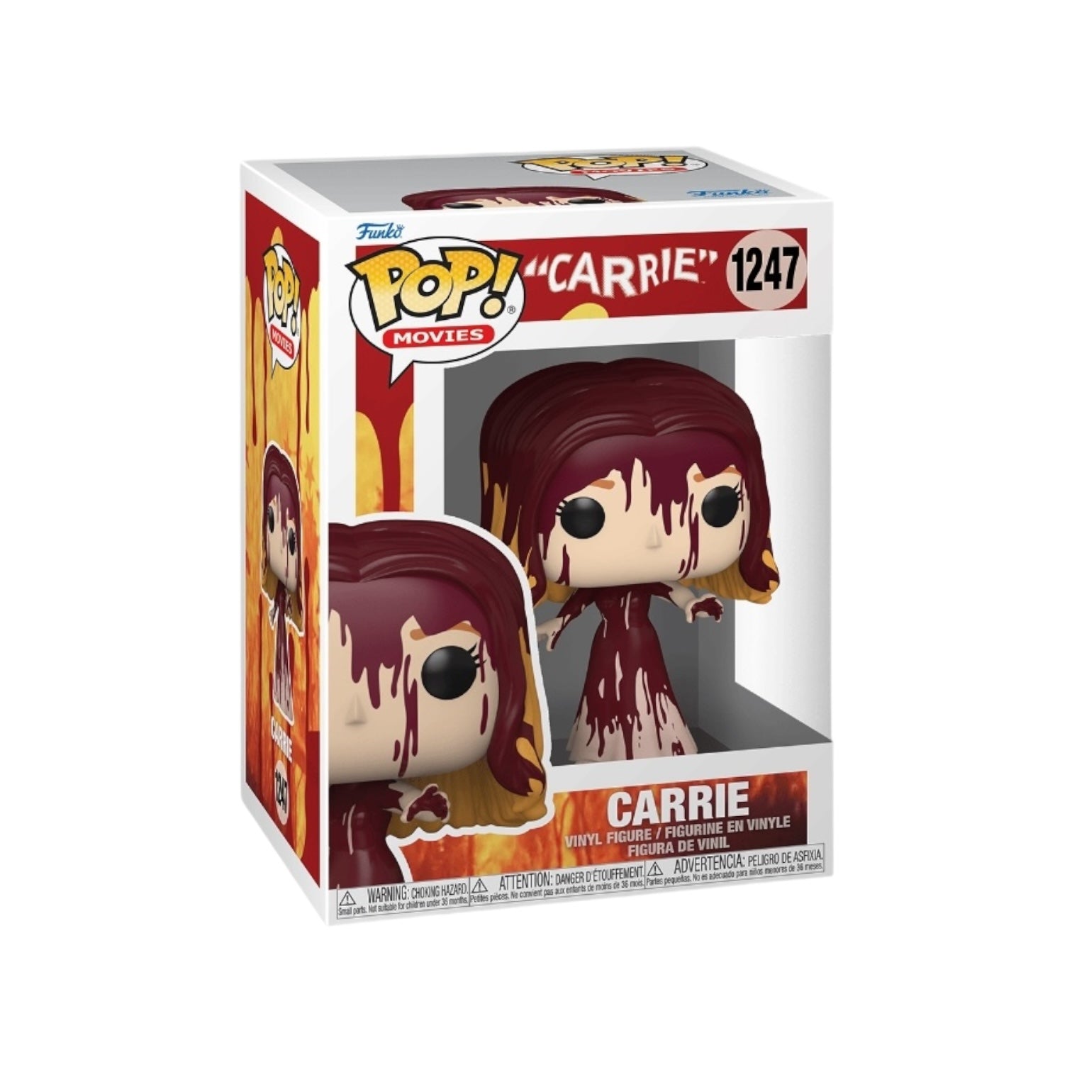 Funko Pop! figure of Carrie from the movie "Carrie," featuring her iconic blood-soaked prom dress and a fierce expression.