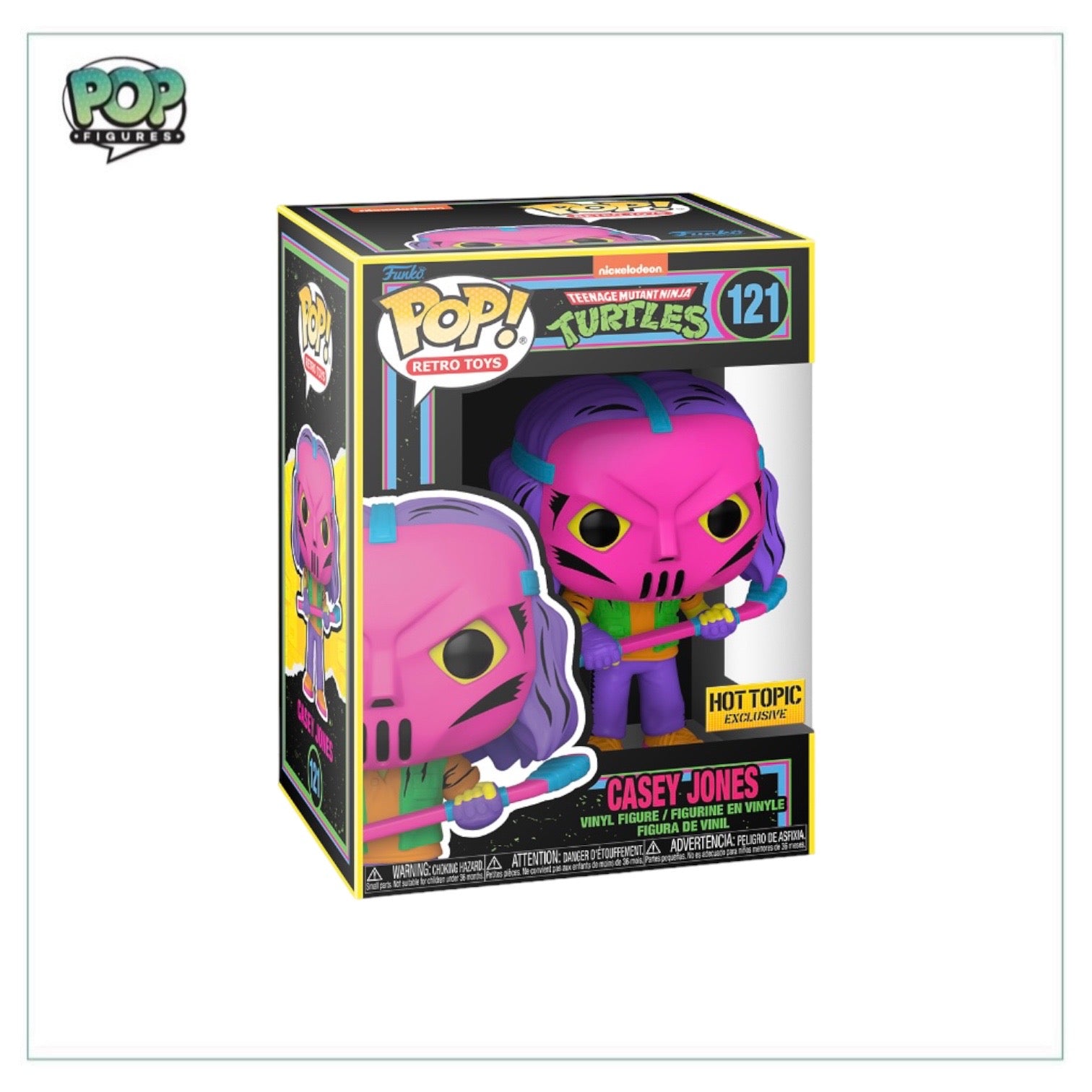 Funko Pop! of Casey Jones #121 in blacklight style, featuring Teenage Mutant Ninja Turtles, exclusive to Hot Topic.