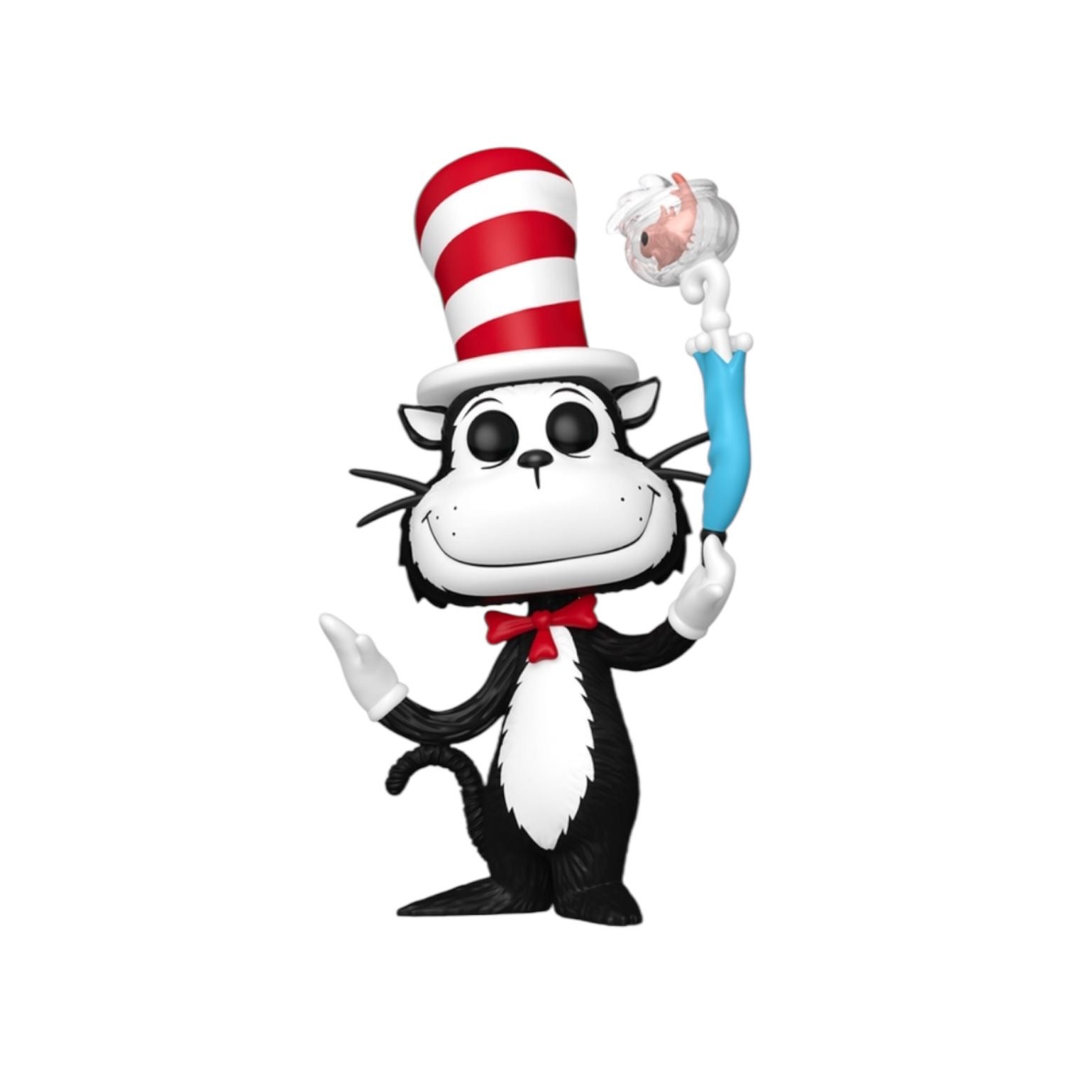 Animated character from a children's book with a red and white striped hat and a blue umbrella.