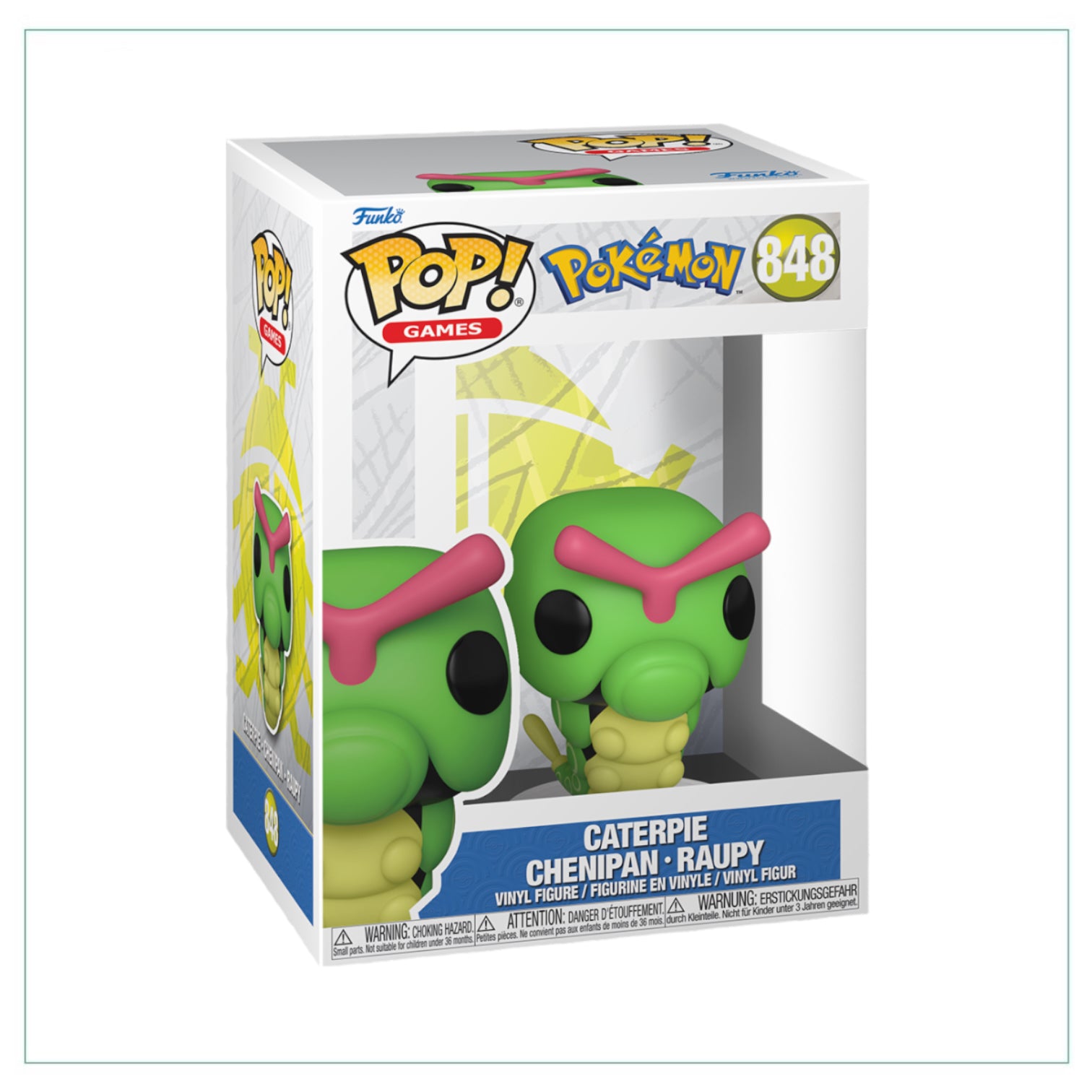 Funko Pop! figure of Caterpie, a green caterpillar Pokémon, with large eyes and a smiling expression.