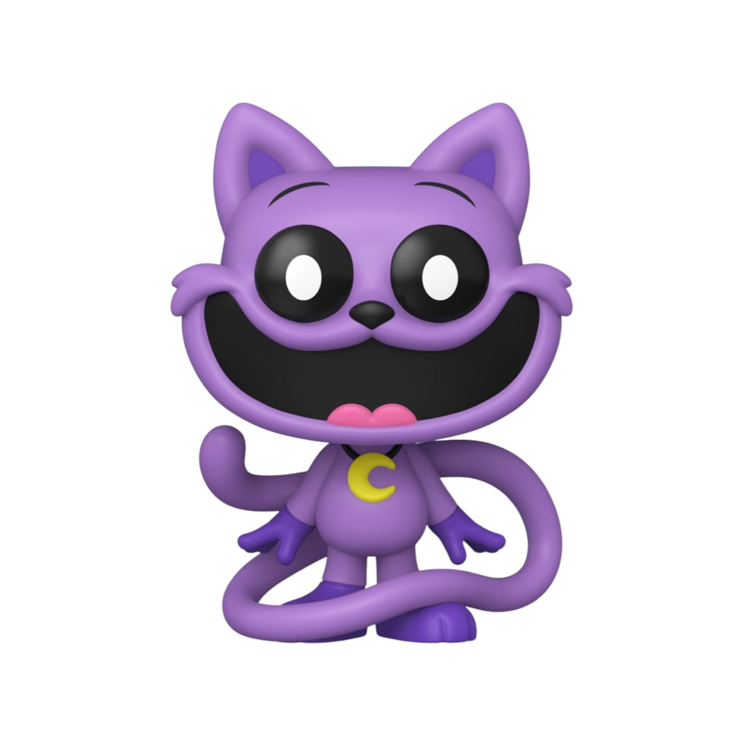 Purple cartoon cat figurine with a yellow 'C' on a white background