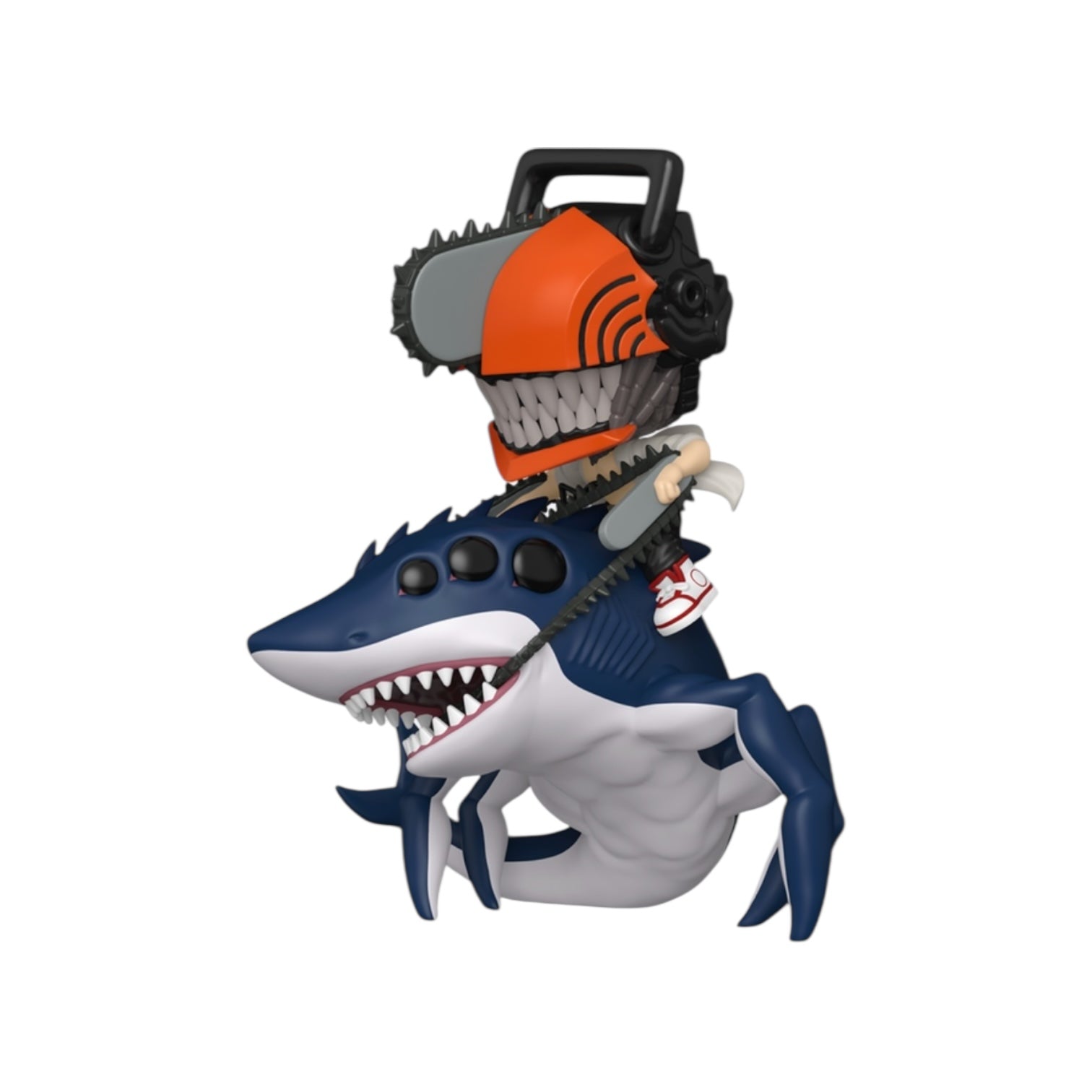 Shark toy with a chainsaw on a white background