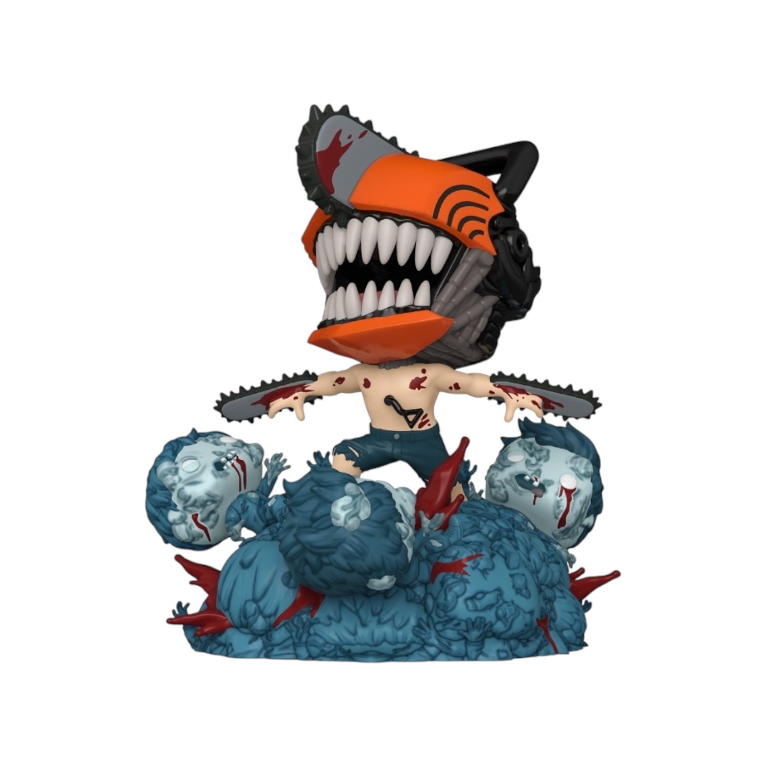 the iconic chainsaw man with his chainsaw covered in blood