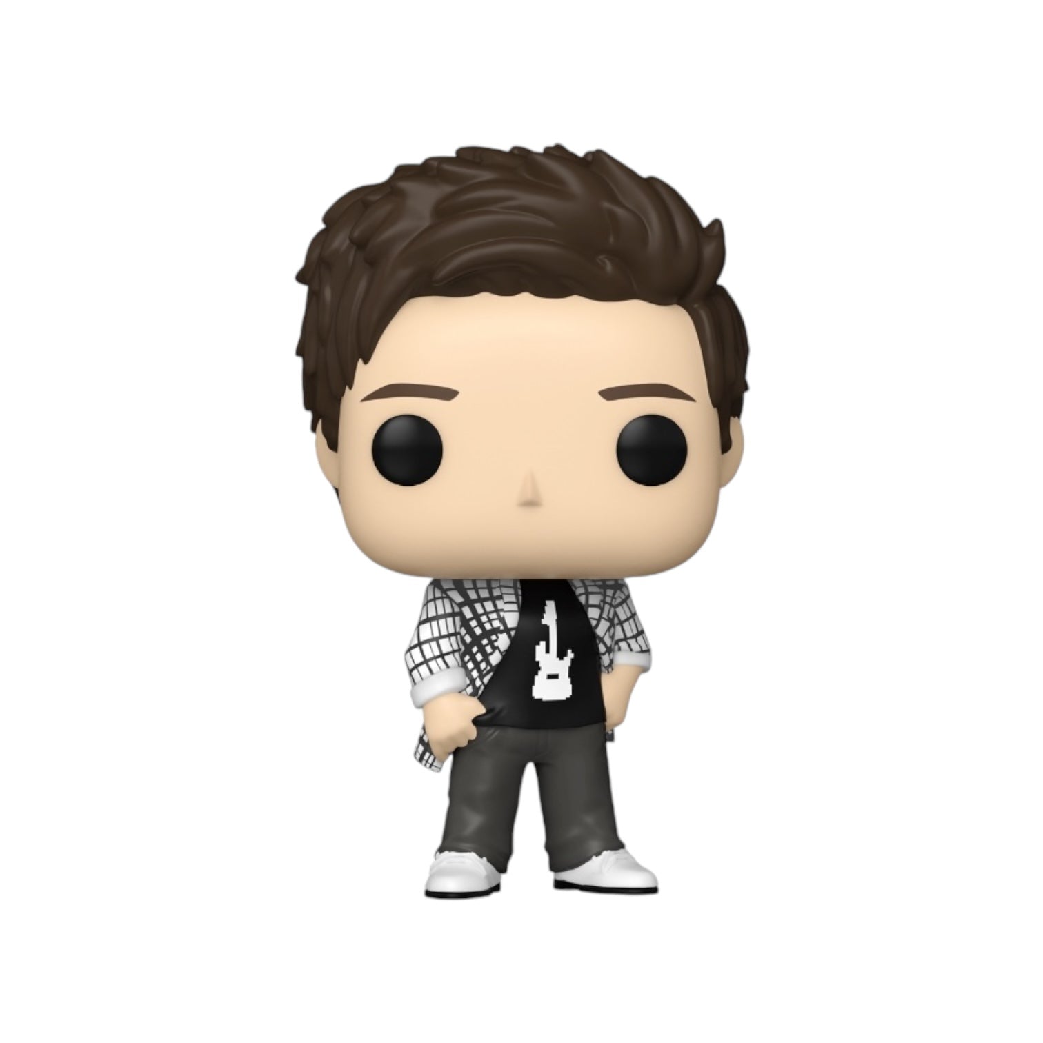 The character Chandle Bing displaying cool stance wearing grey jeans, and black top with a guitar on the front with an open checked shirt, with white trainer. Displayed with no external box