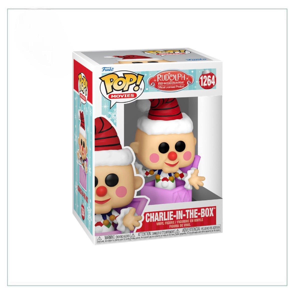 Charlie-in-the-Box #1264 Funko Pop! from Rudolph the Red-Nosed Reindeer, showcasing a playful character in bright colors.