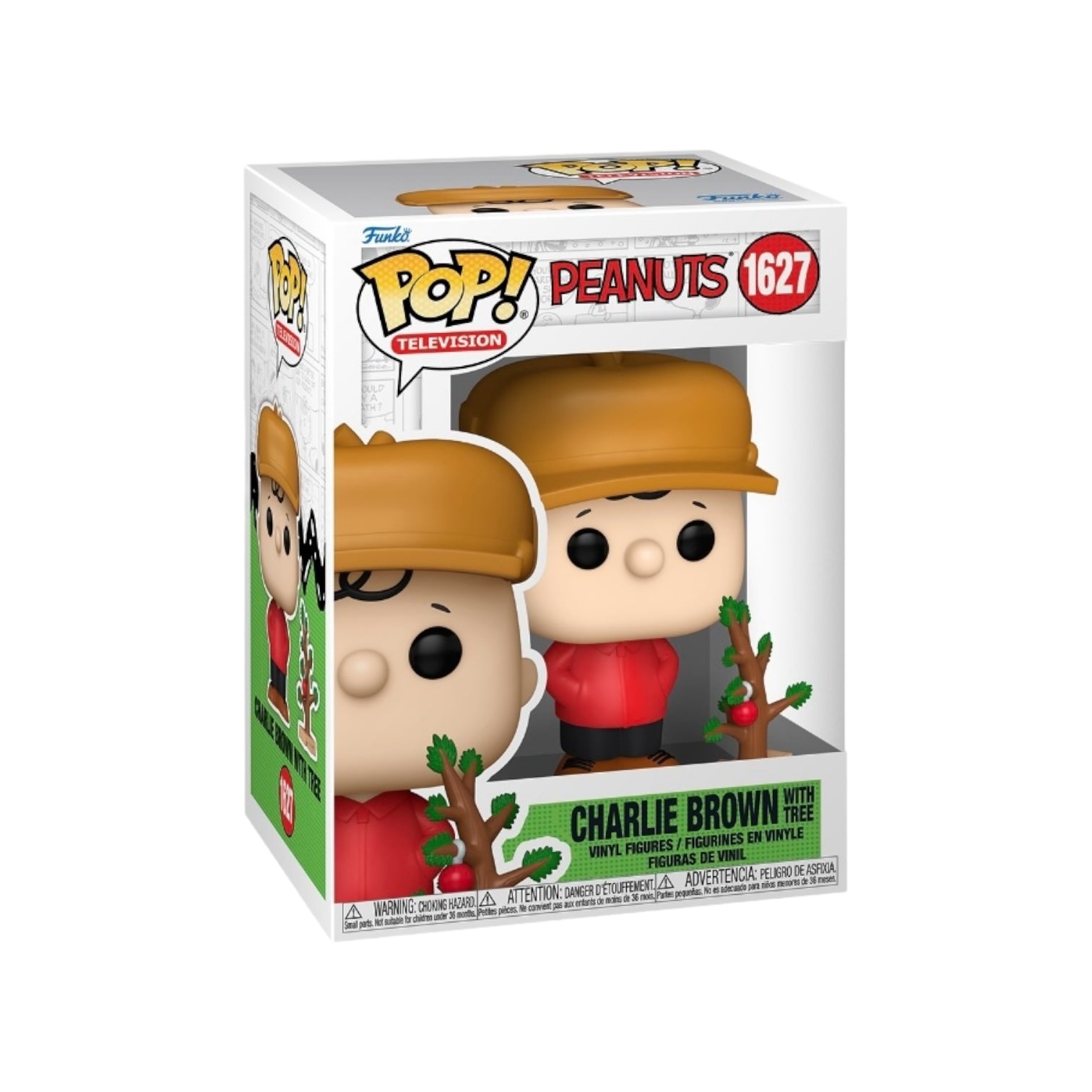 Charlie Brown holding a small Christmas tree in his classic yellow shirt, as a Funko Pop! figure from Peanuts.