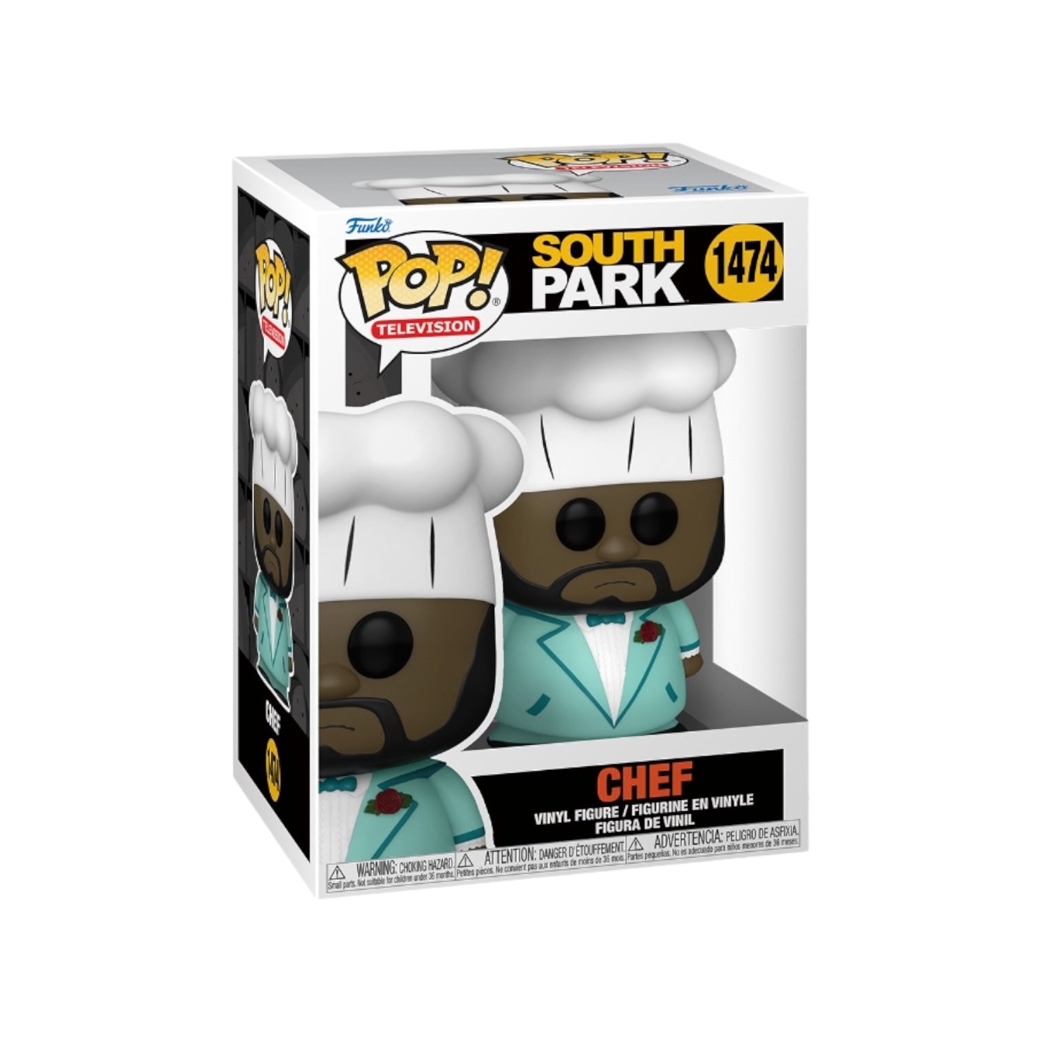 South Park's Chef in a suit as a Funko Pop! figure, featuring his signature hat and cheerful expression.