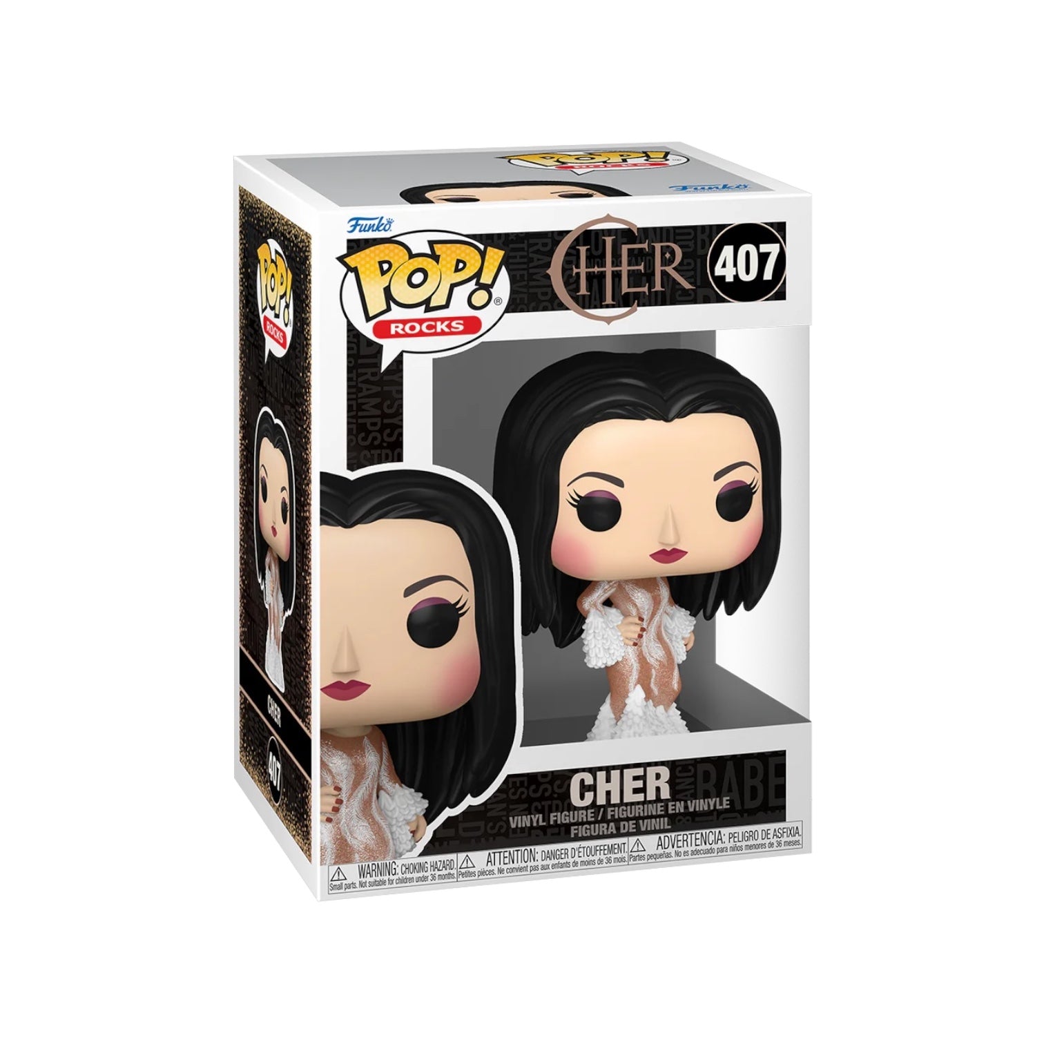 Funko Pop! figure of Cher, inspired by her glamorous 1974 Met Gala look, highlighting her unique fashion sense.