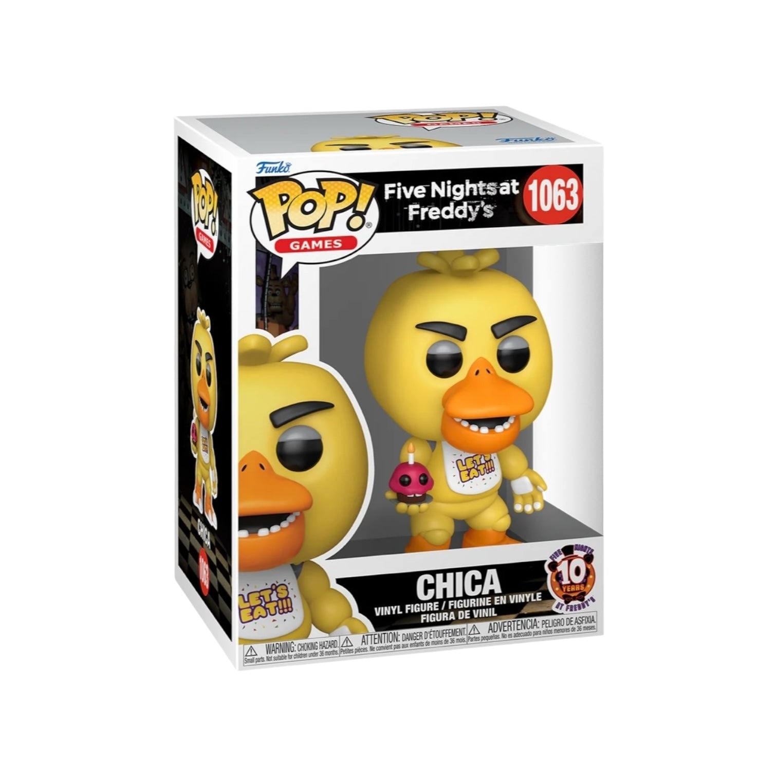 Funko Pop figure of Chica from Five Nights at Freddy's, holding a colorful cupcake, with a playful expression.