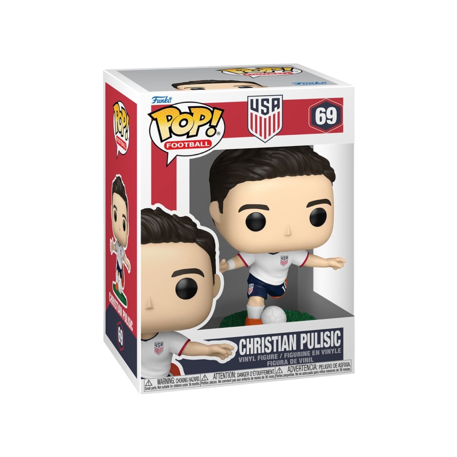 Funko Pop! vinyl figure packaging featuring Christian Pulisic with USA football team branding.