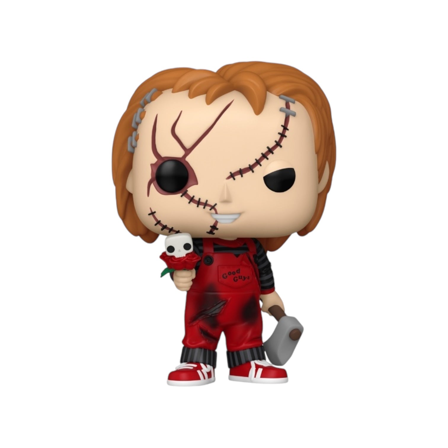 Chucky wearing red dungarees, holding a axe in his left hand and a bouquet of red roses with a white skull in right hand, out of external box
