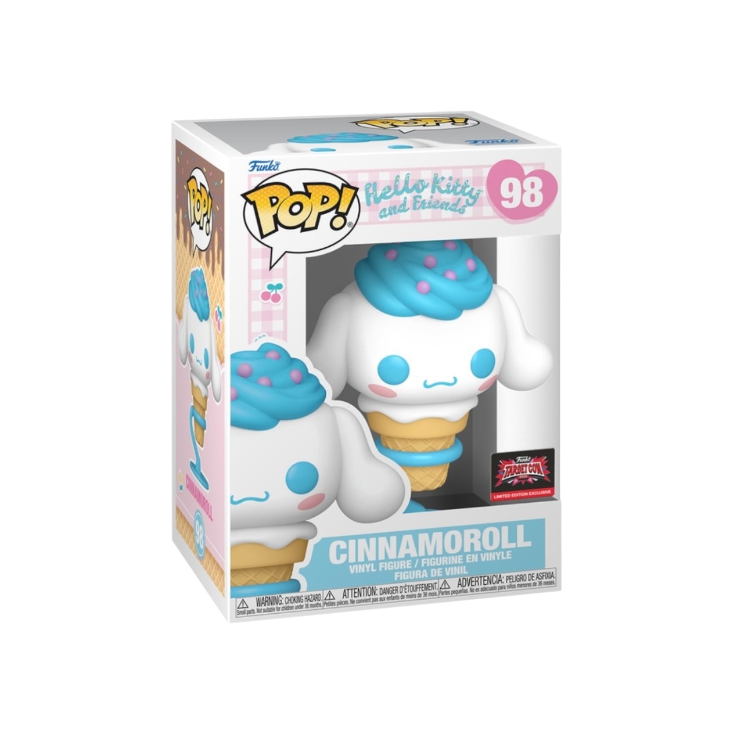 Funko Pop! vinyl figure packaging of Cinnamoroll in a cone with blue top, white body, and pink bow on a white background.